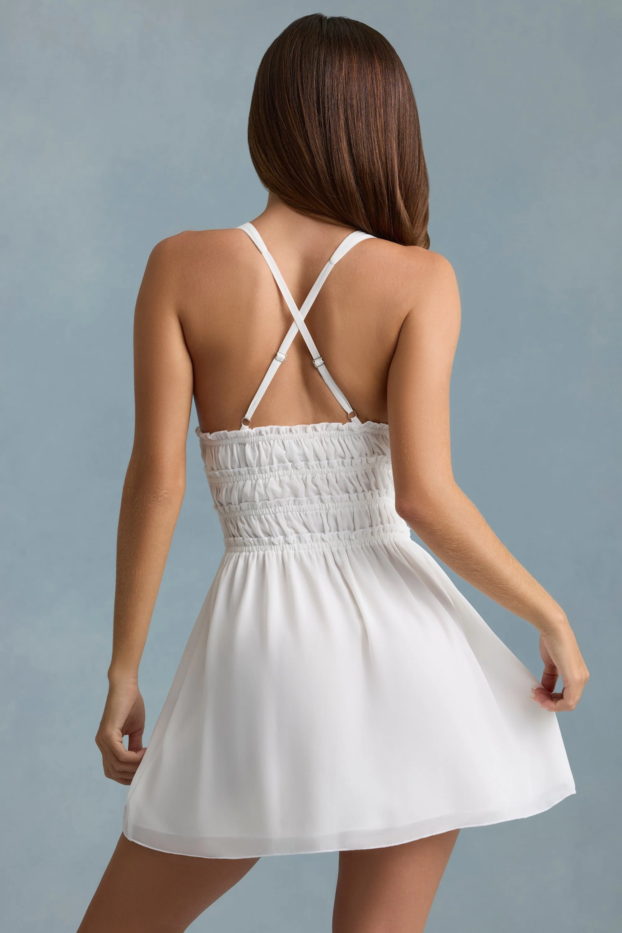 Plunge Cross-Back Mini Dress in White - TREBLEV