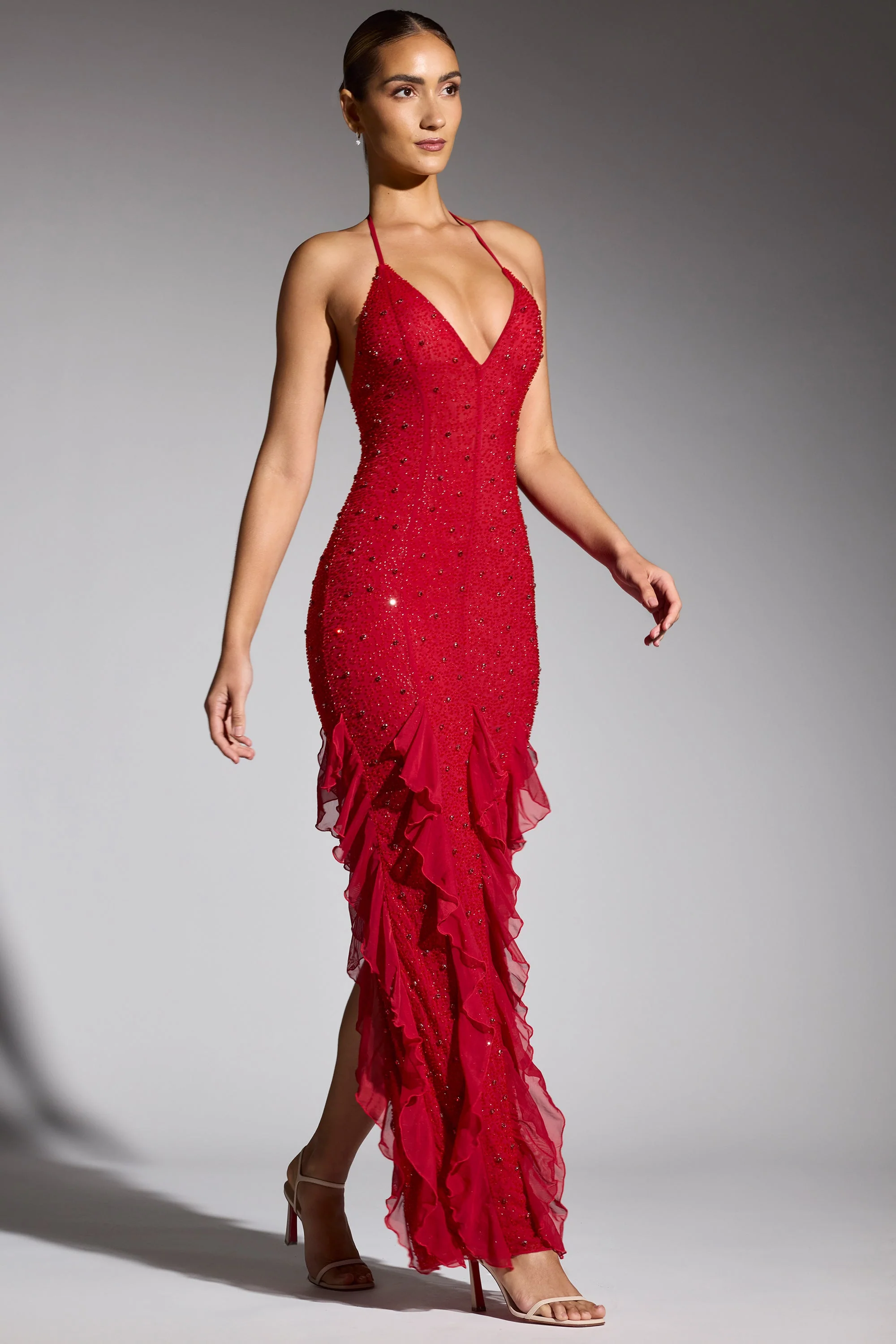 Embellished Halter Neck Ruffle Maxi Dress in Red - TREBLEV