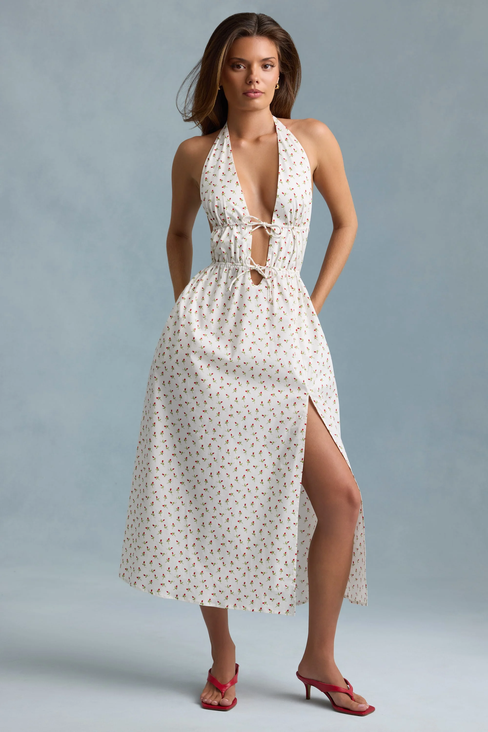 Backless Cotton-Poplin Midaxi Dress in Rose Print - TREBLEV