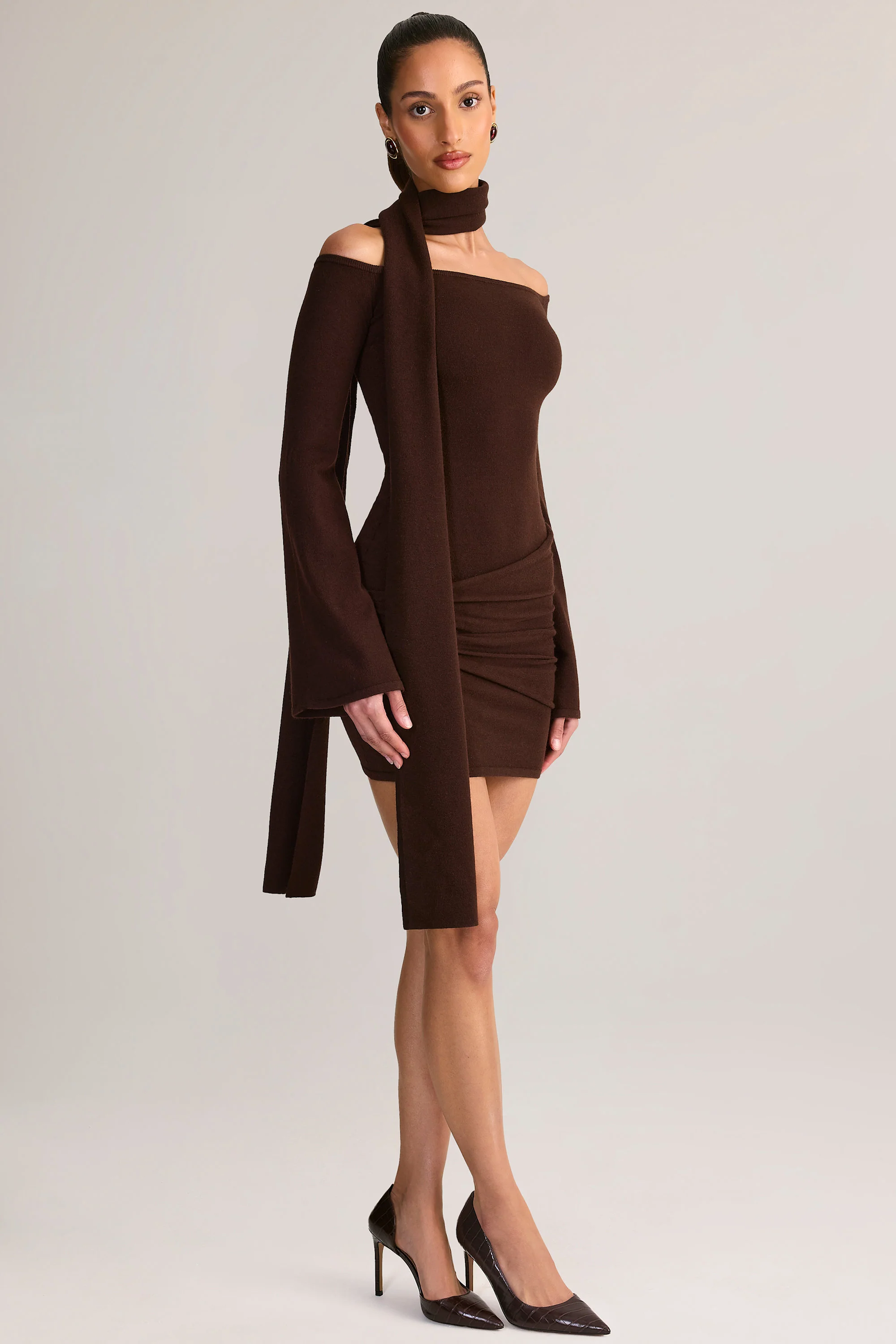 Knit Scarf-Detail Off-Shoulder Mini Dress in Chocolate Brown - TREBLEV