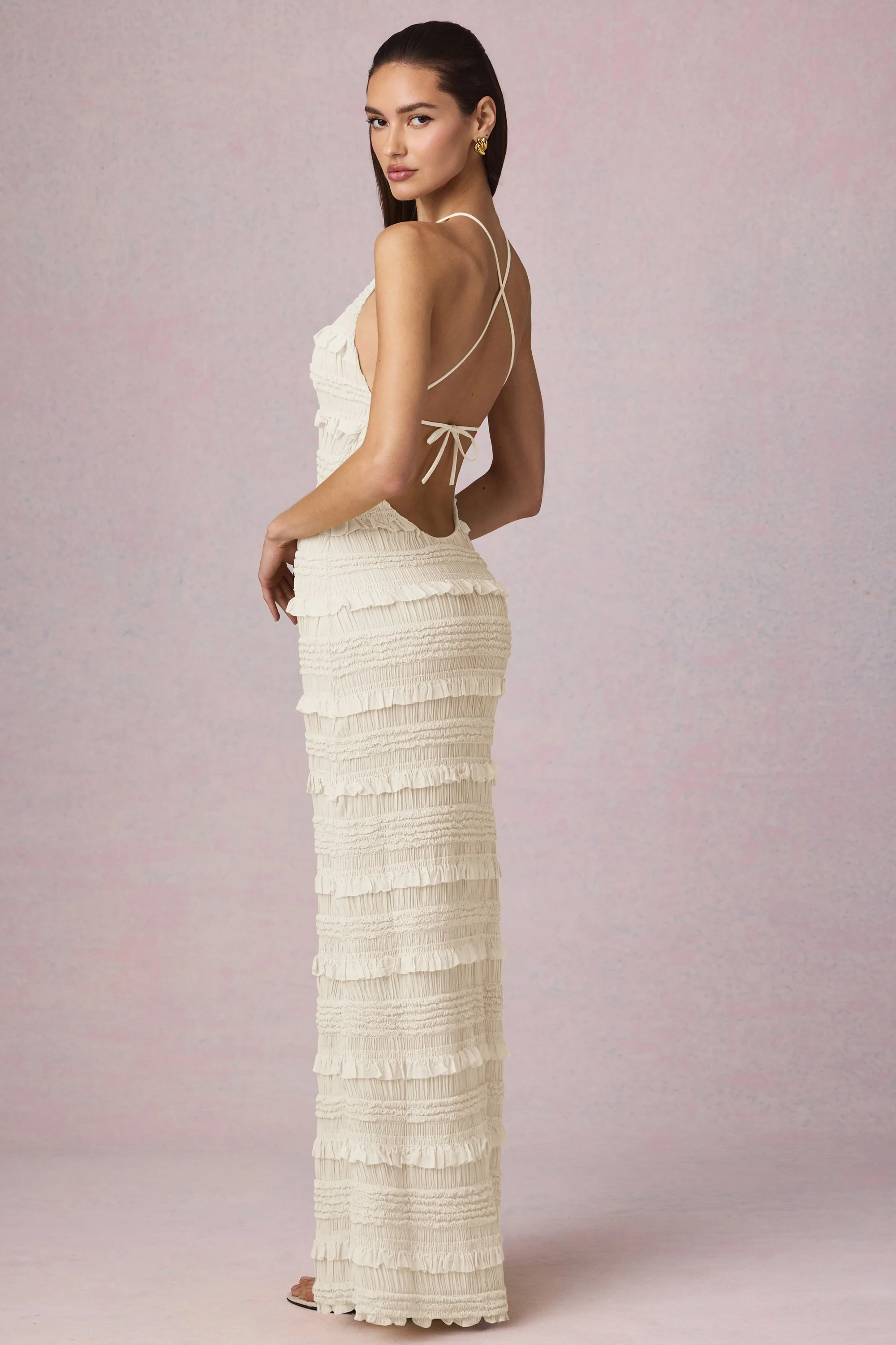 Ruffled Backless Halterneck Maxi Dress in Ivory - TREBLEV