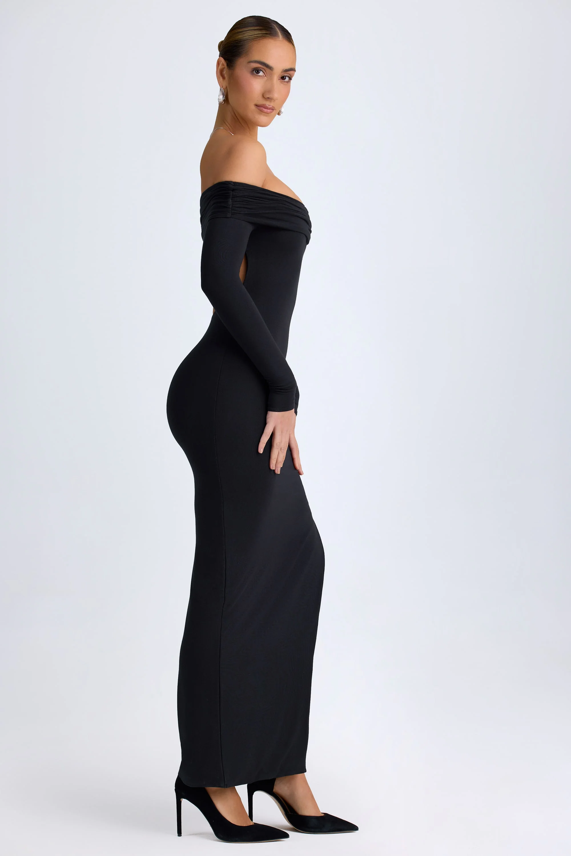 Modal Off-Shoulder Open-Back Maxi Dress in Black - TREBLEV