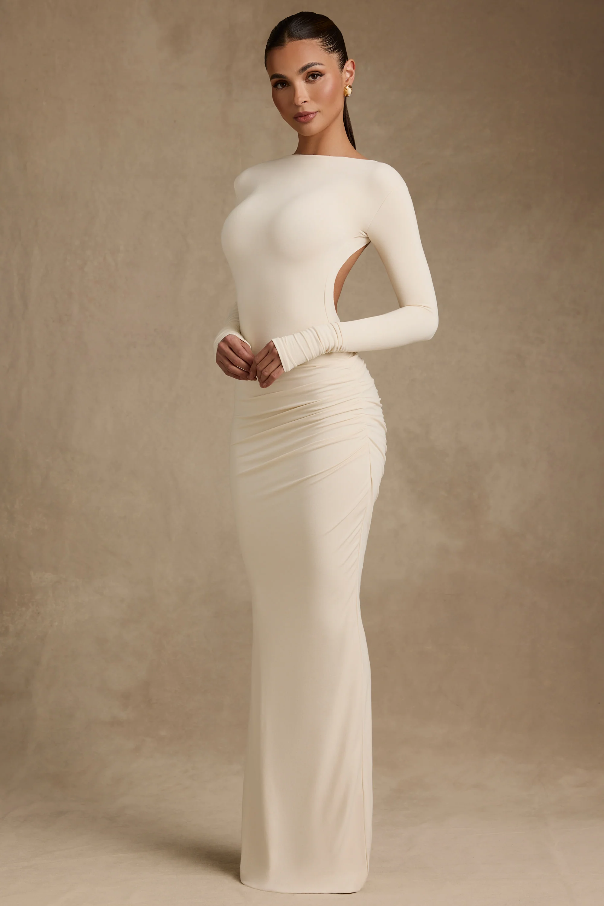 Modal Ruched Backless Maxi Dress in Ivory - TREBLEV