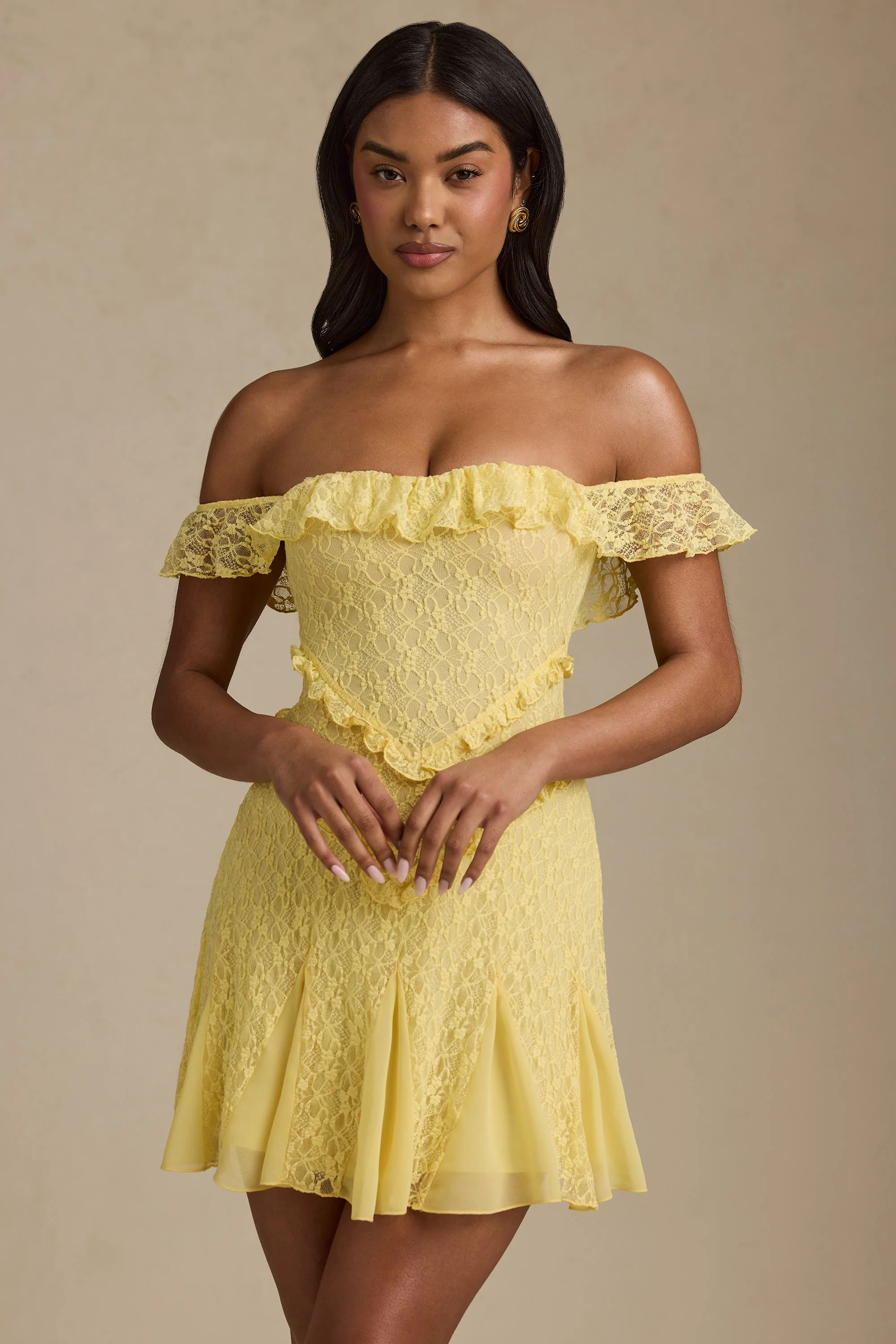Off-Shoulder Lace A-Line Mini Dress in Pastel Yellow - TREBLEV