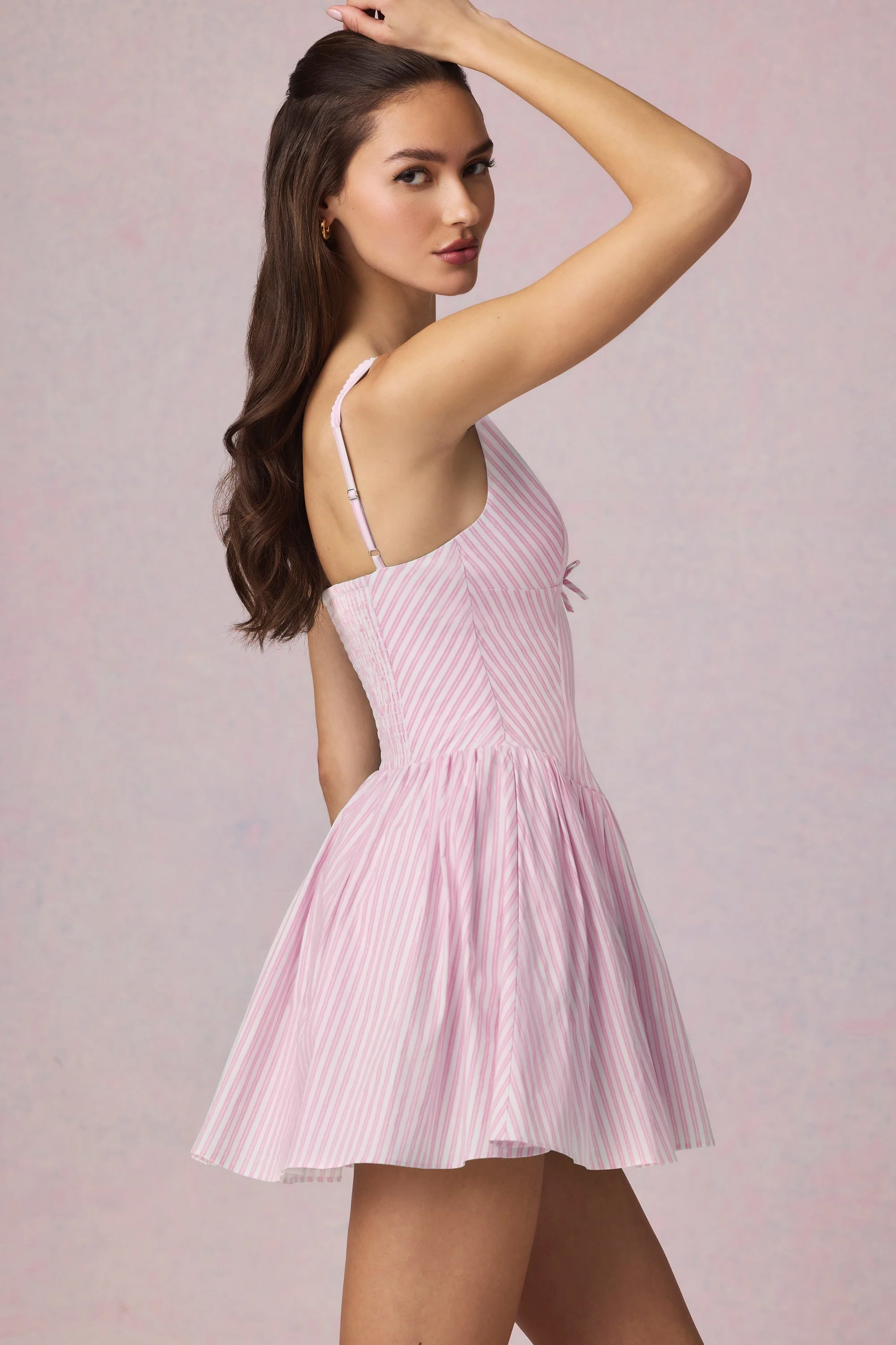 Bow-Detail A-Line Mini Dress in Soft Mauve Stripe - TREBLEV