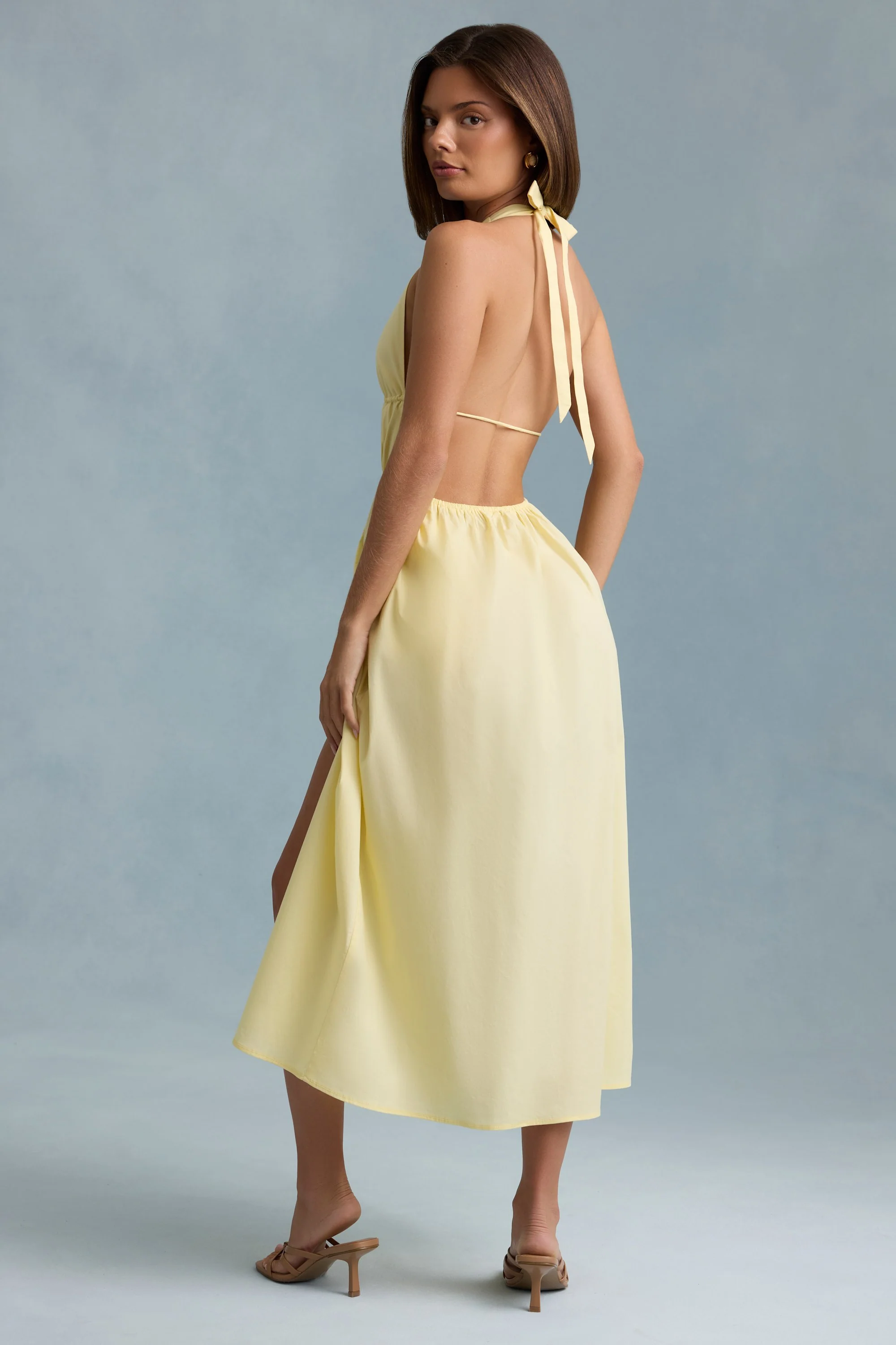 Backless Cotton-Poplin Midaxi Dress in Lemon Yellow - TREBLEV