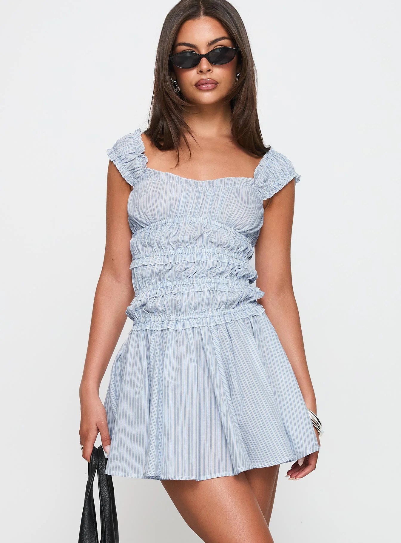 Wonderlust Shirred Mini Dress Blue Stripe - TREBLEV