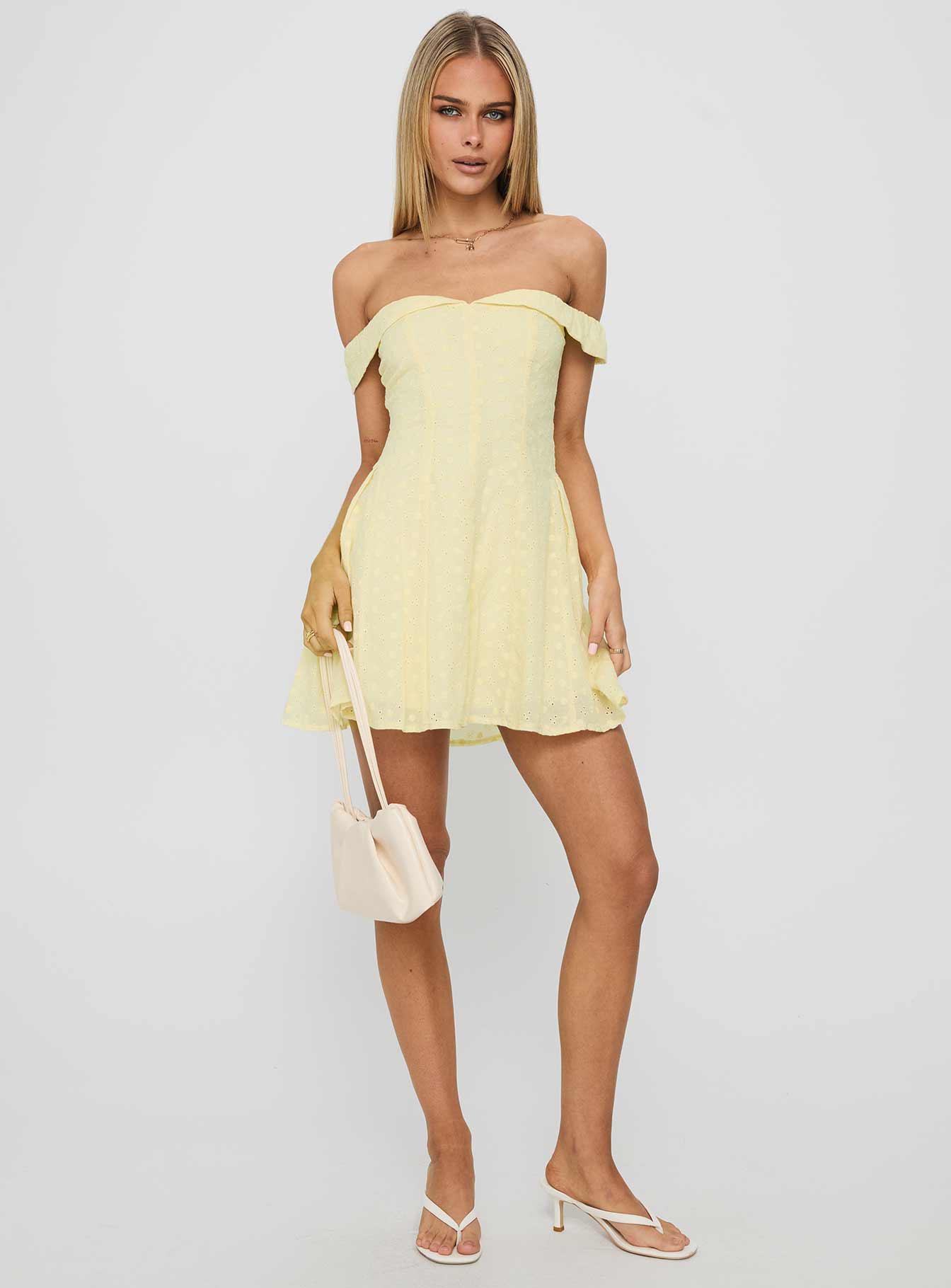 Rosebud Off The Shoulder Mini Dress Lemon - TREBLEV