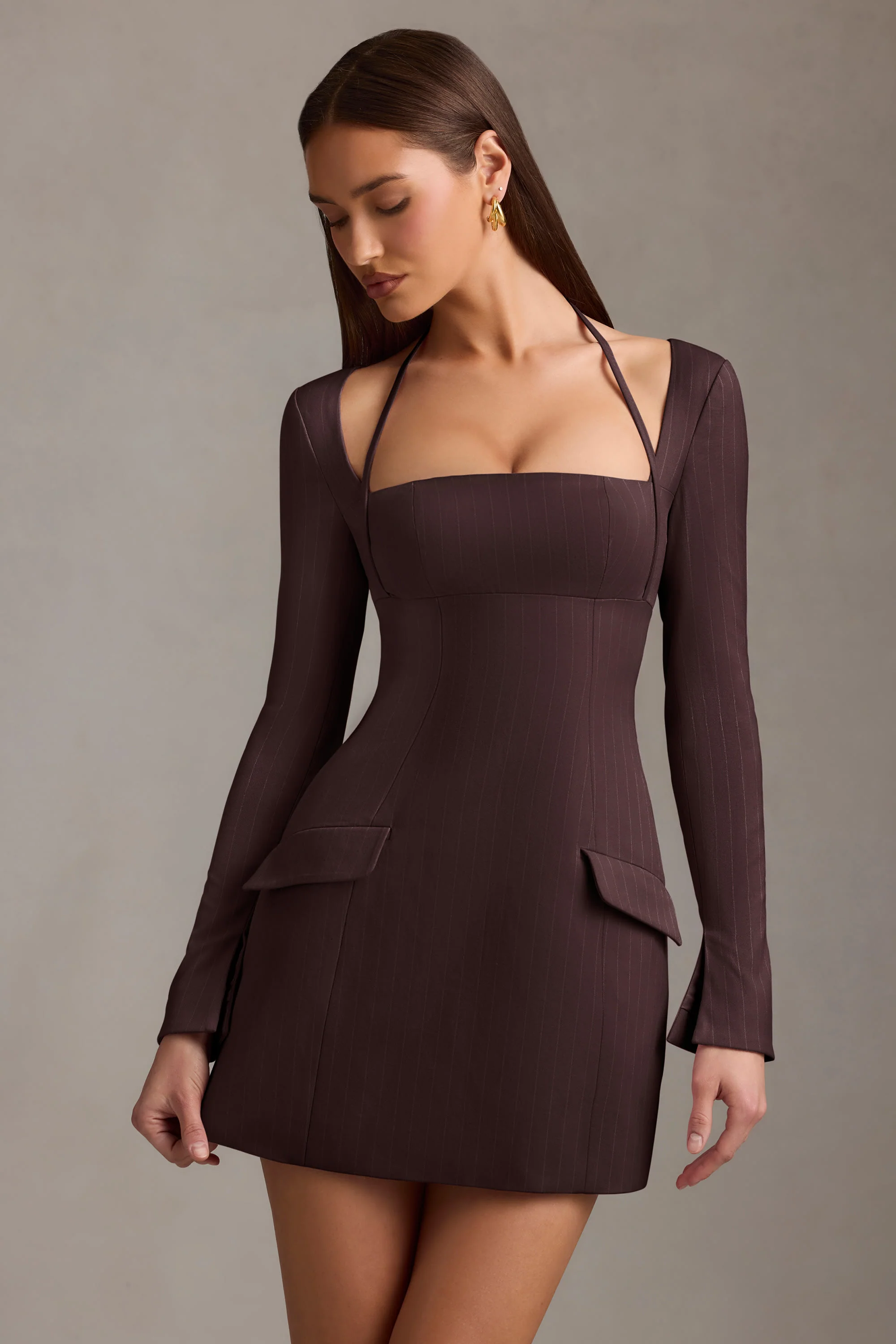 Pinstripe Structured A-Line Mini Dress in Chocolate Brown - TREBLEV