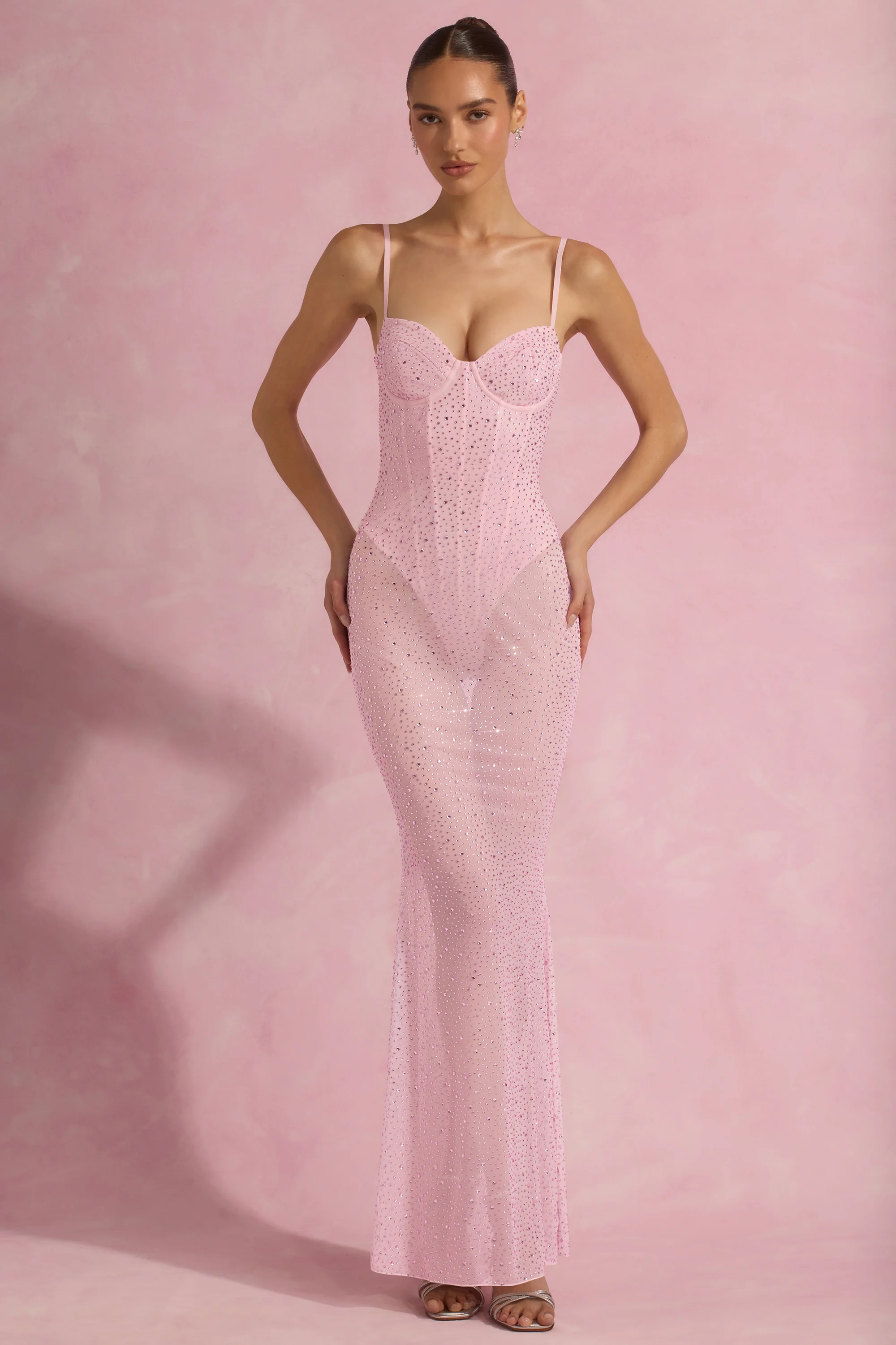 Semi-Sheer Embellished Corset Gown in Pink - TREBLEV