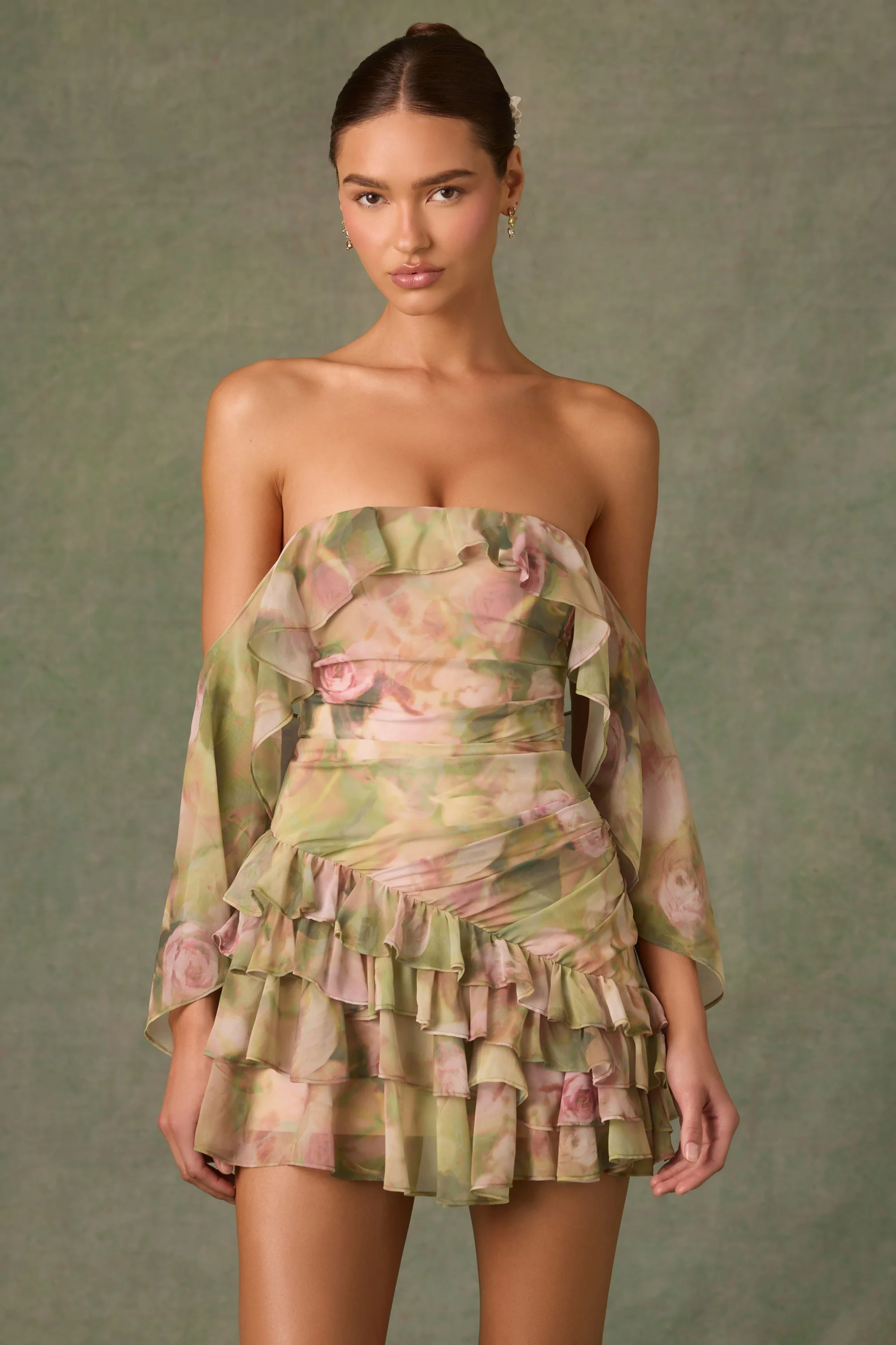 Off-Shoulder Ruffled Mini Dress in Floral Multi Print - TREBLEV