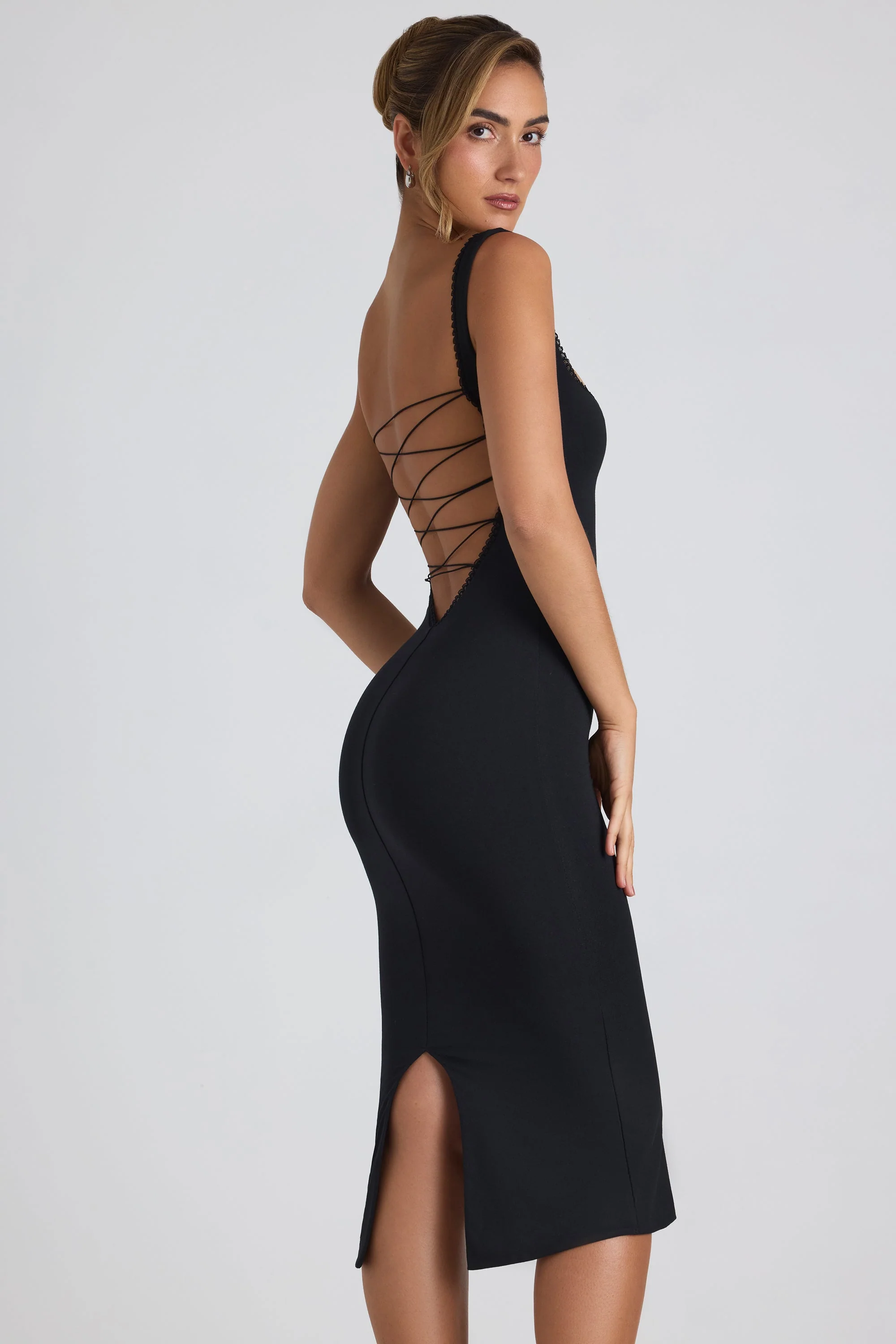Modal Lace-Trim Midaxi Dress in Black - TREBLEV
