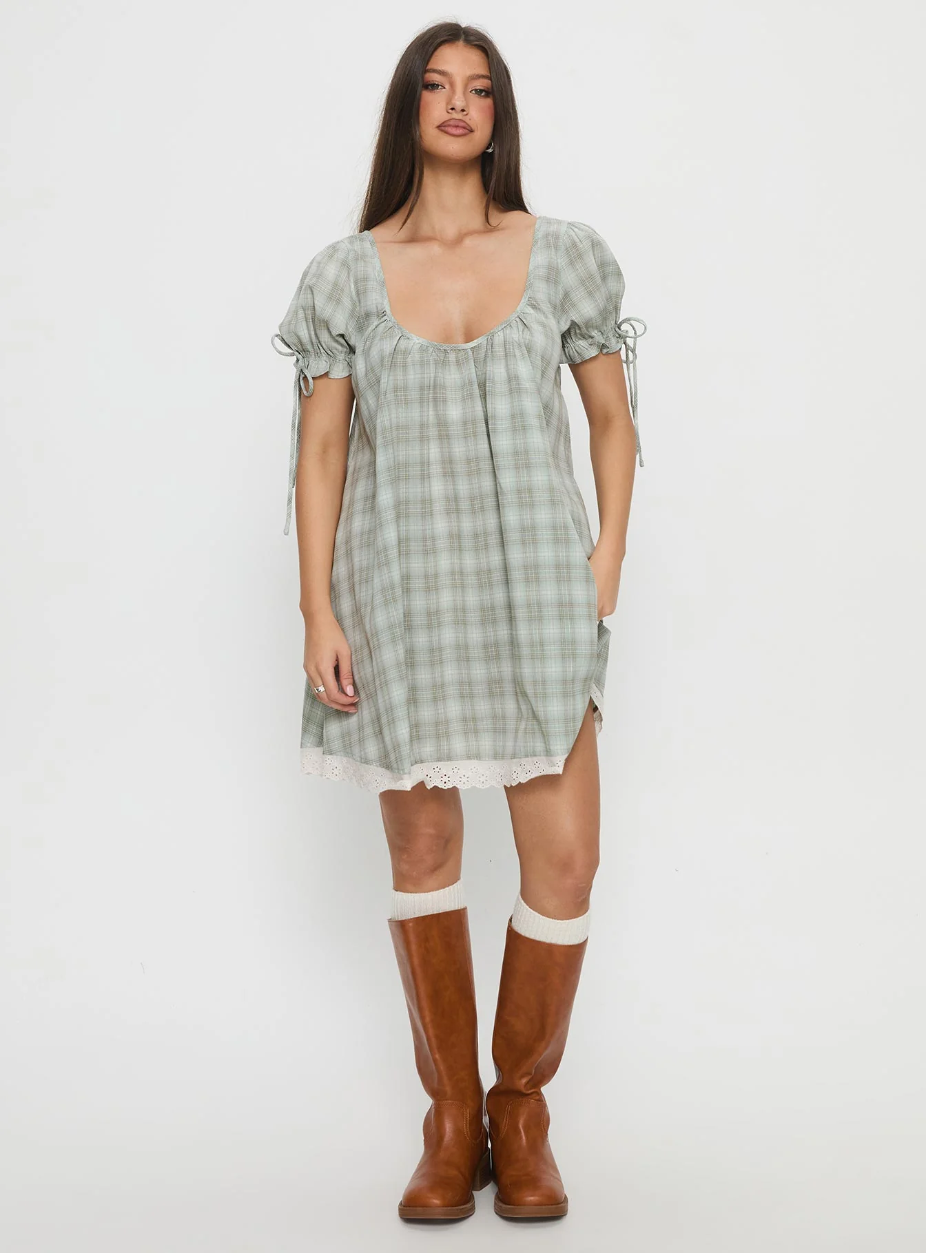 Embracing Puff Sleeve Swing Mini Dress Blue Check - TREBLEV