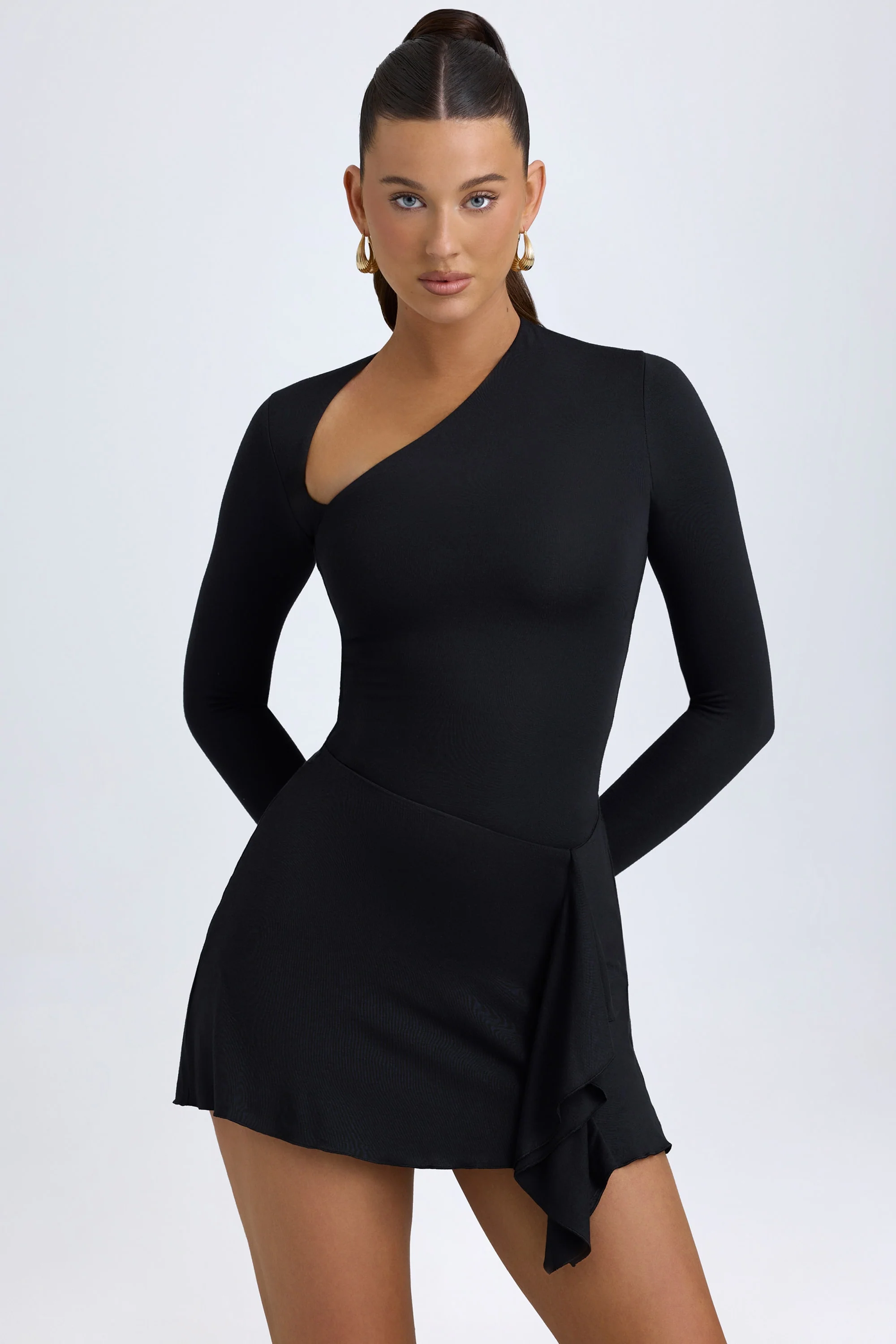 Modal Asymmetric A-Line Mini Dress in Black - TREBLEV