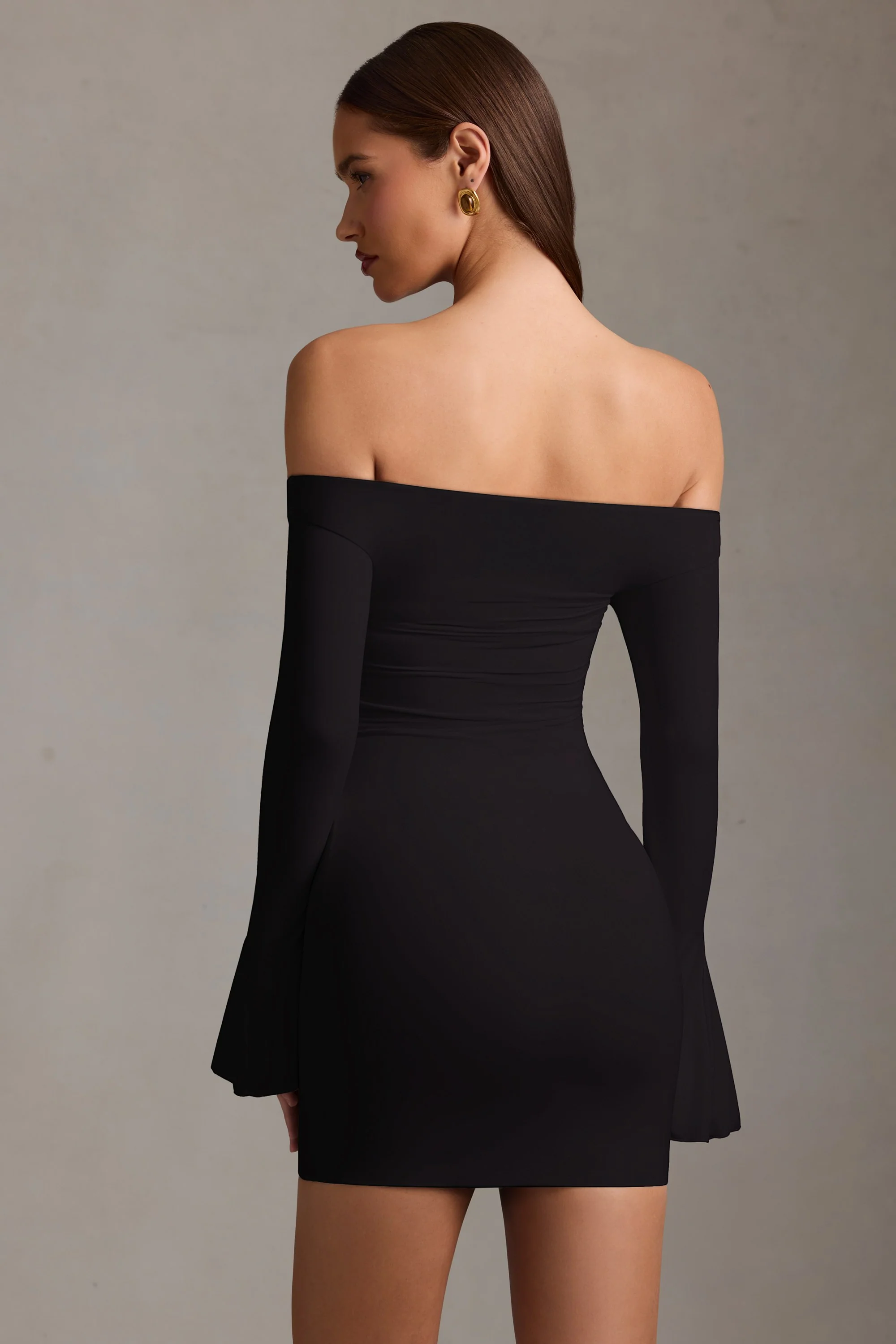 Off-Shoulder Cut-Out Mini Dress in Black - TREBLEV