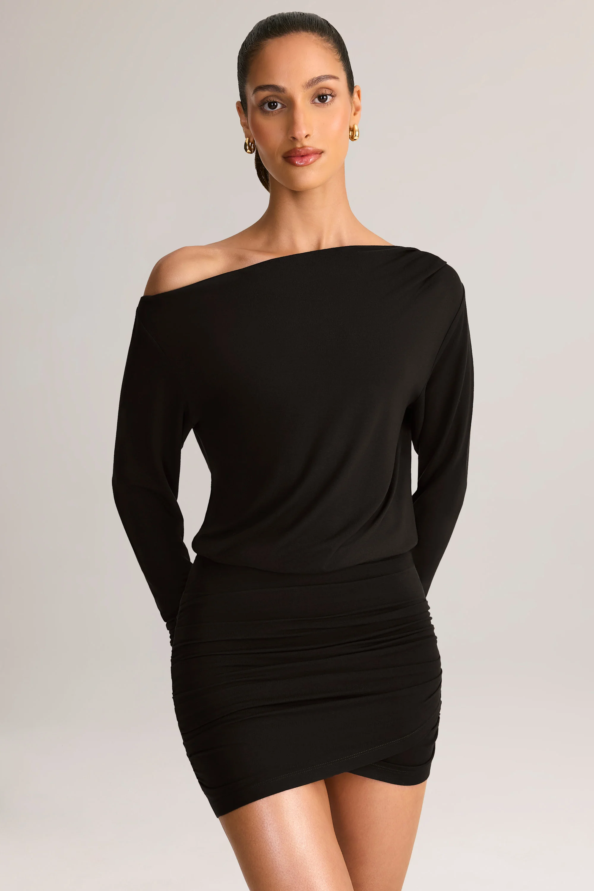 Modal Off-Shoulder Mini Dress in Black - TREBLEV