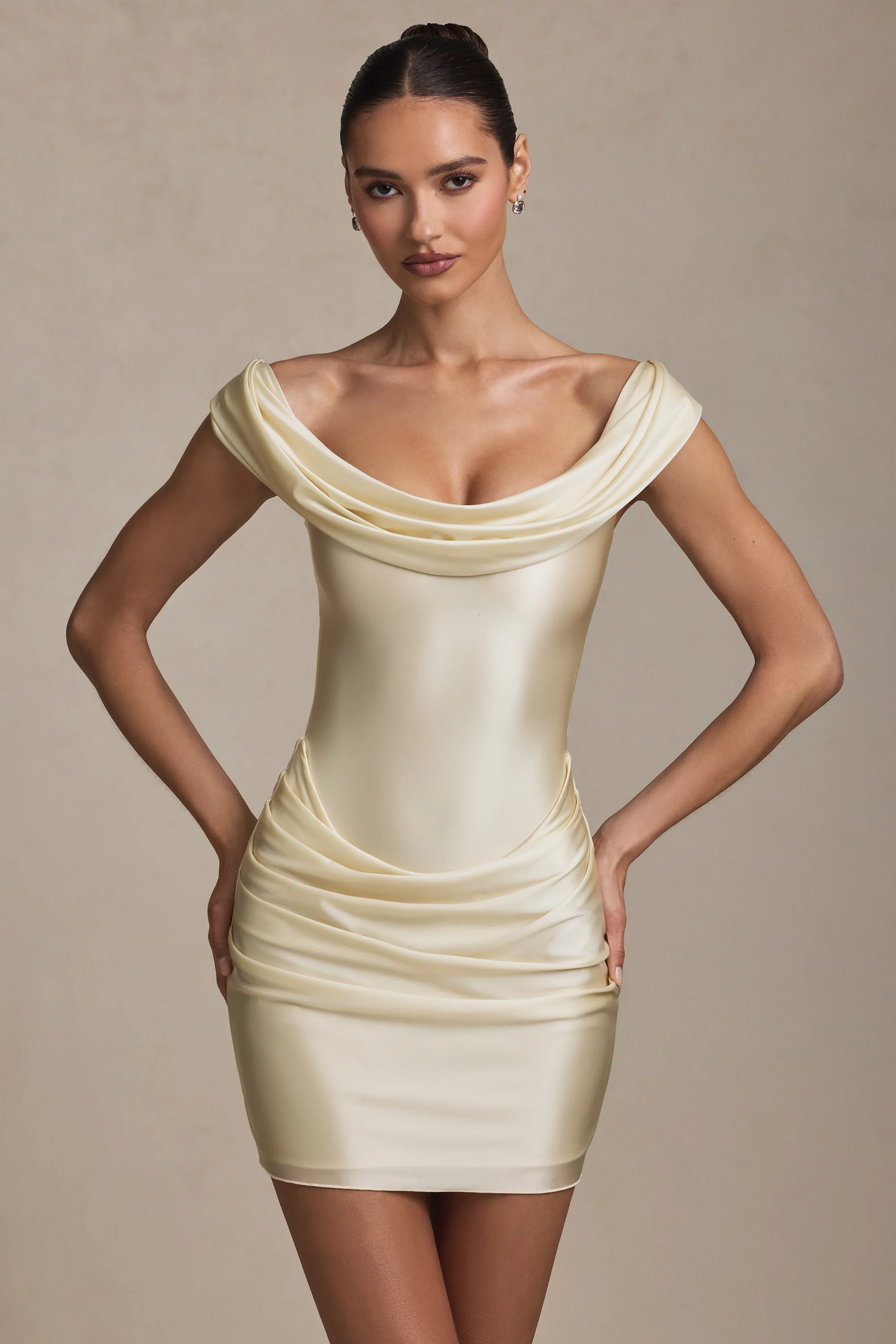 Off-Shoulder Draped Mini Dress in Ivory - TREBLEV