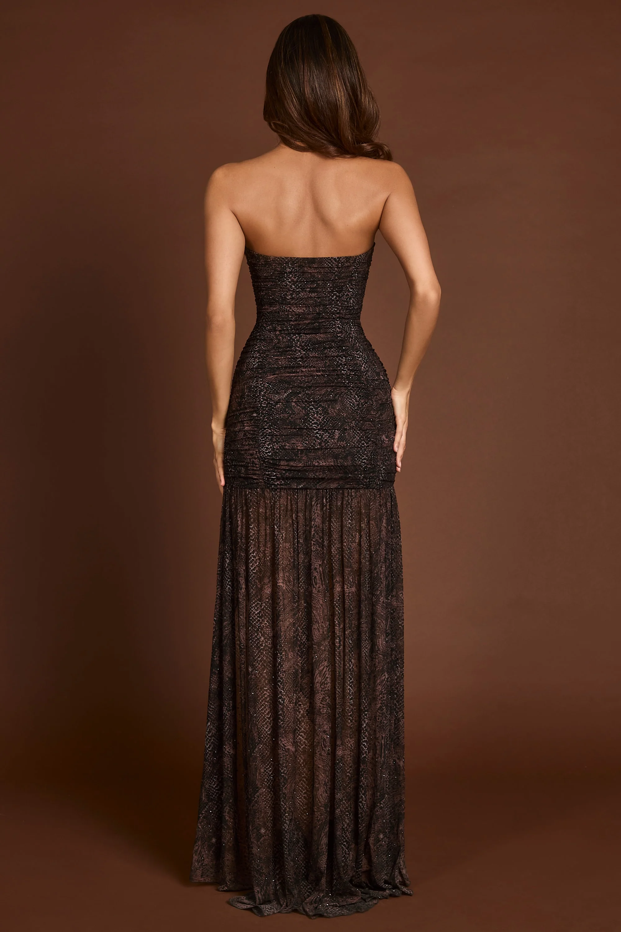 Embellished Bandeau Gathered Maxi Dress in Snake Hotfix - TREBLEV