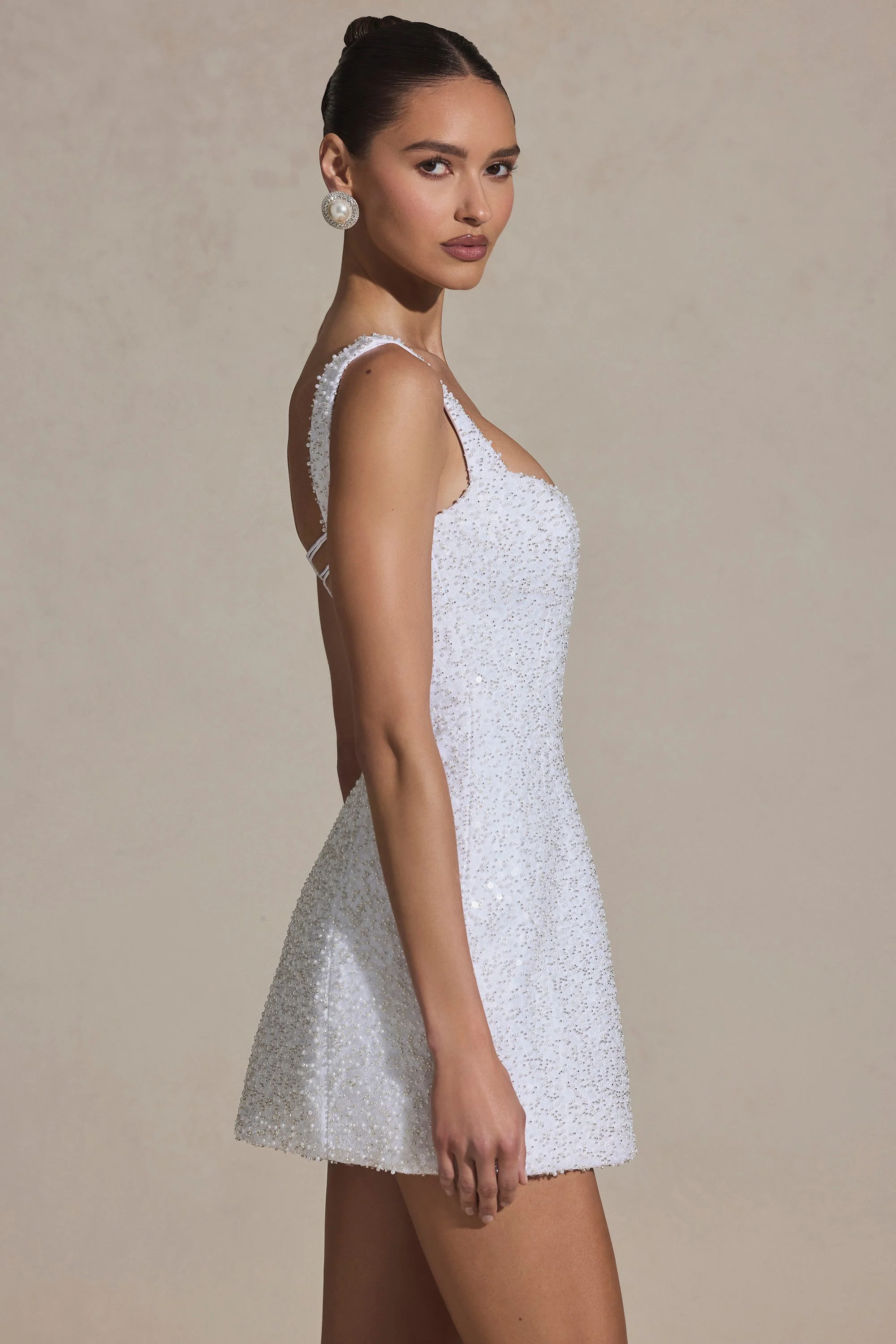 Embellished Structured A-Line Mini Dress in White - TREBLEV