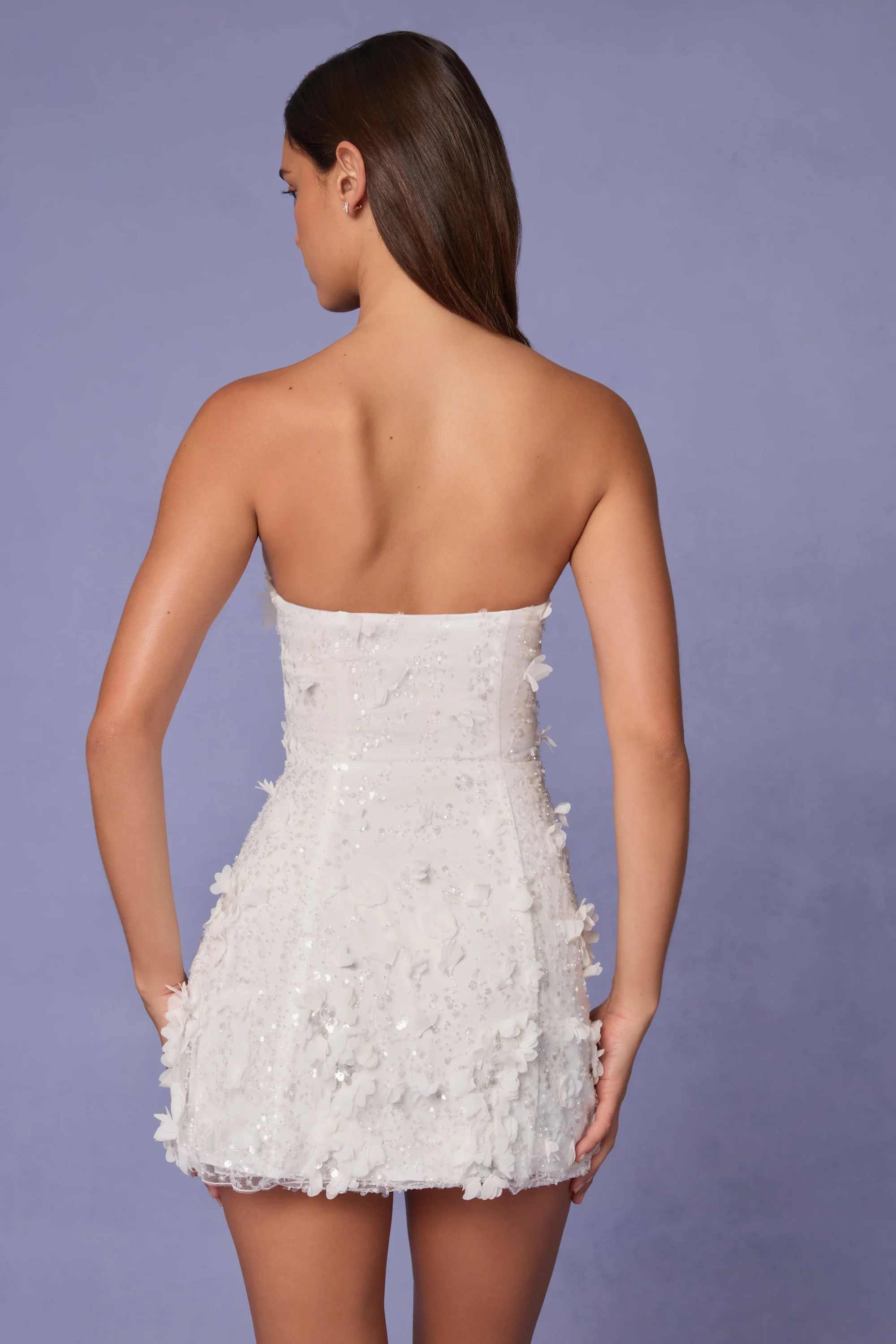 Embellished Bandeau A-line Mini Dress in White - TREBLEV