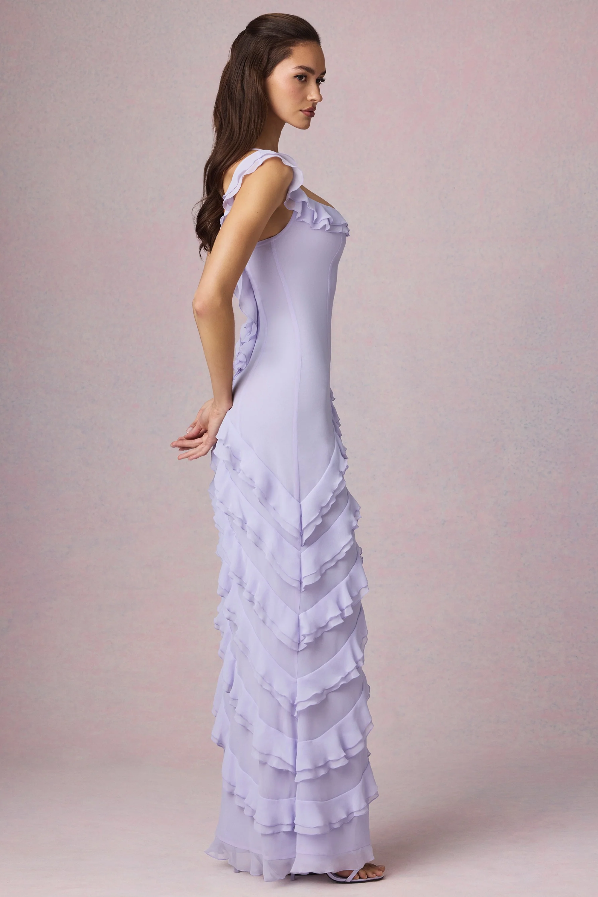 Asymmetric Ruffled Lace-Up Gown in Lilac - TREBLEV