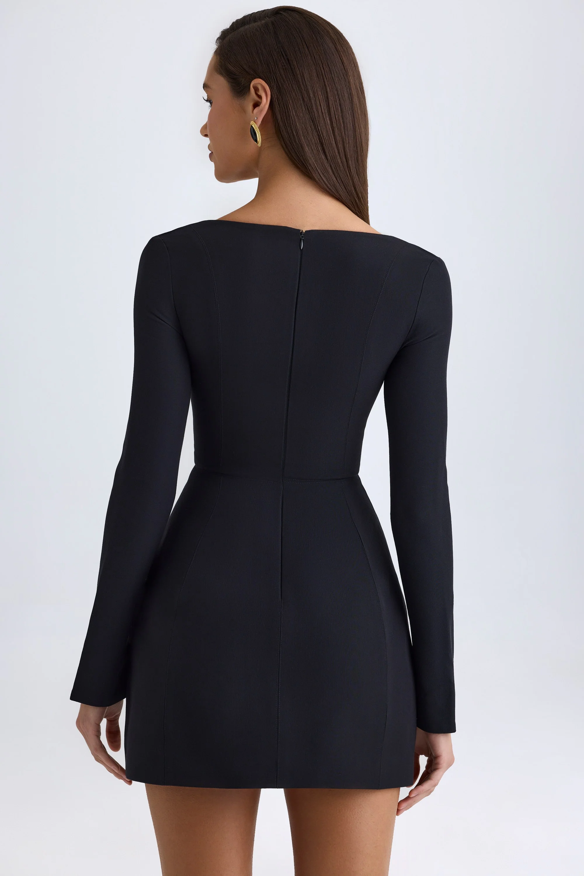 Square-Neck Structured Tulip Mini Dress in Black - TREBLEV