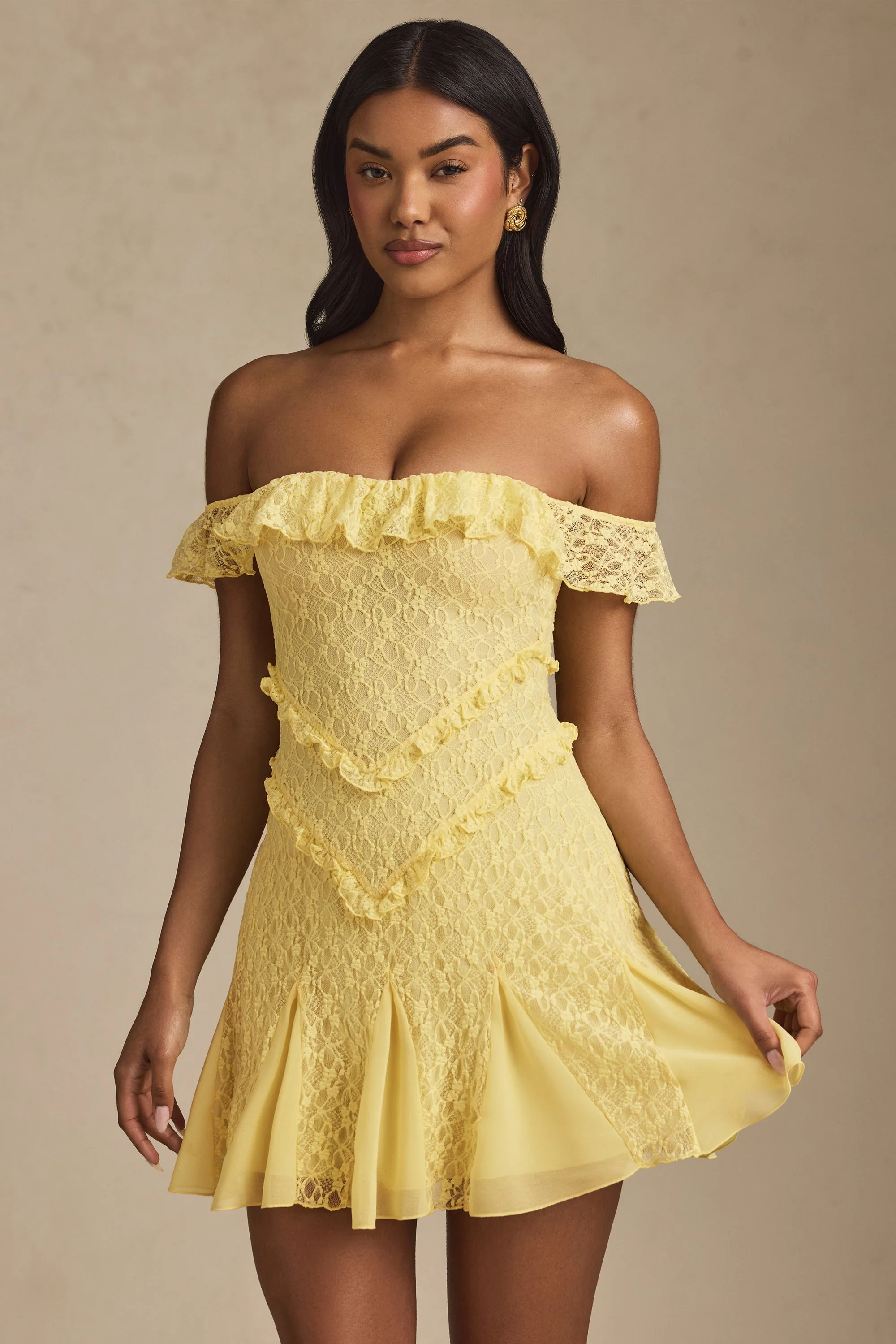 Off-Shoulder Lace A-Line Mini Dress in Pastel Yellow - TREBLEV