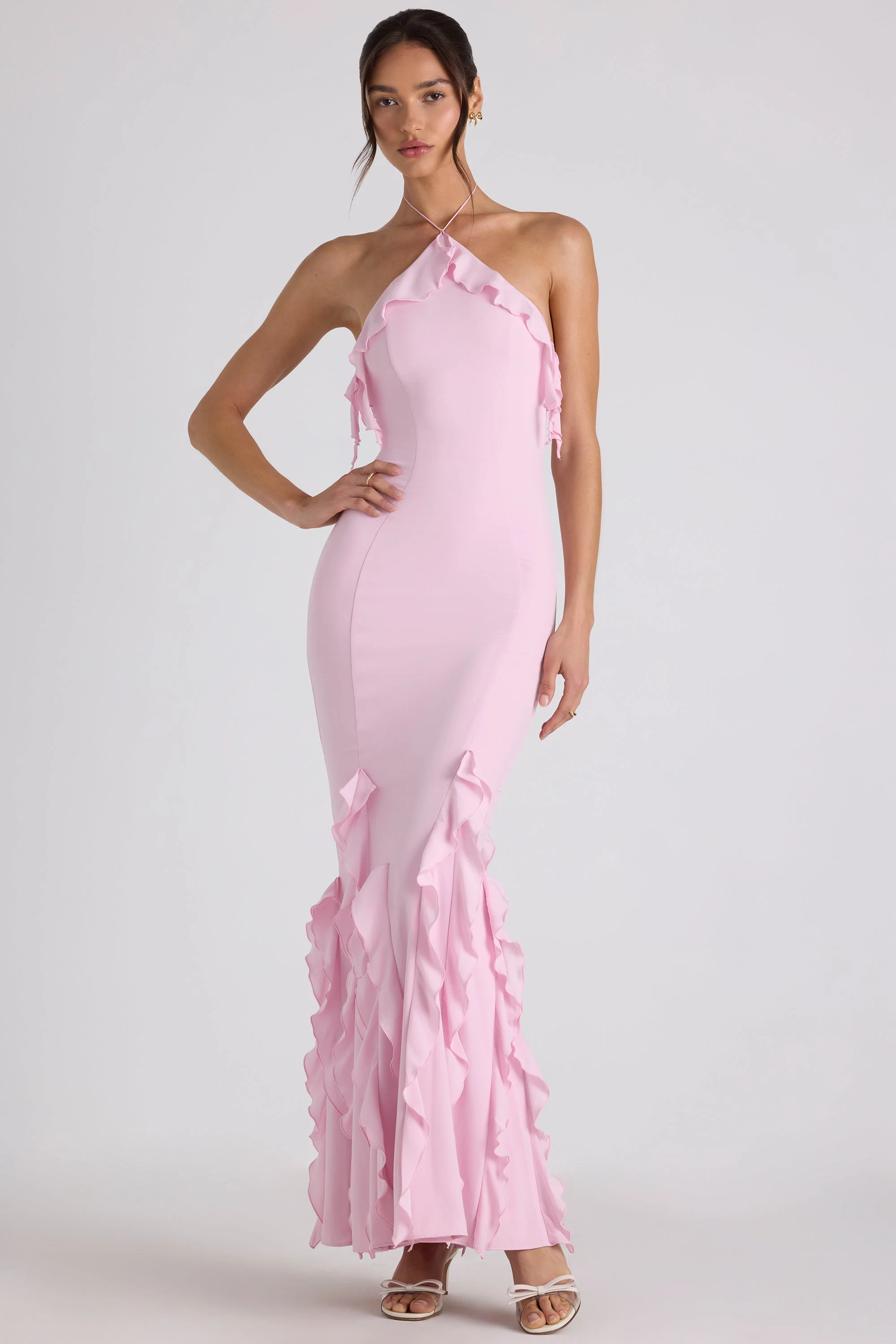 Ruffle-Trim Halterneck Gown in Soft Pink - TREBLEV