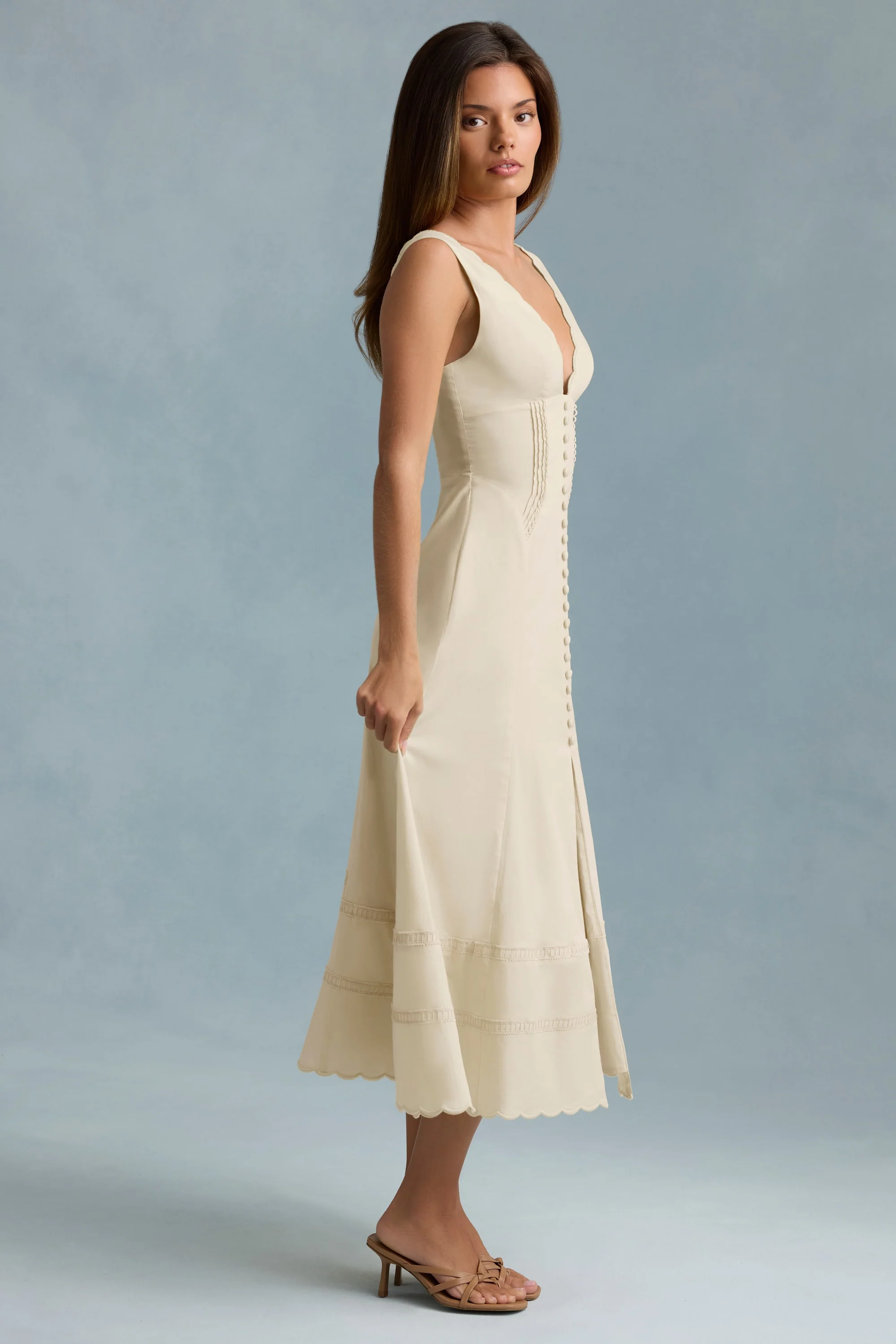 Cotton-Poplin A-Line Midaxi Dress in Ivory - TREBLEV