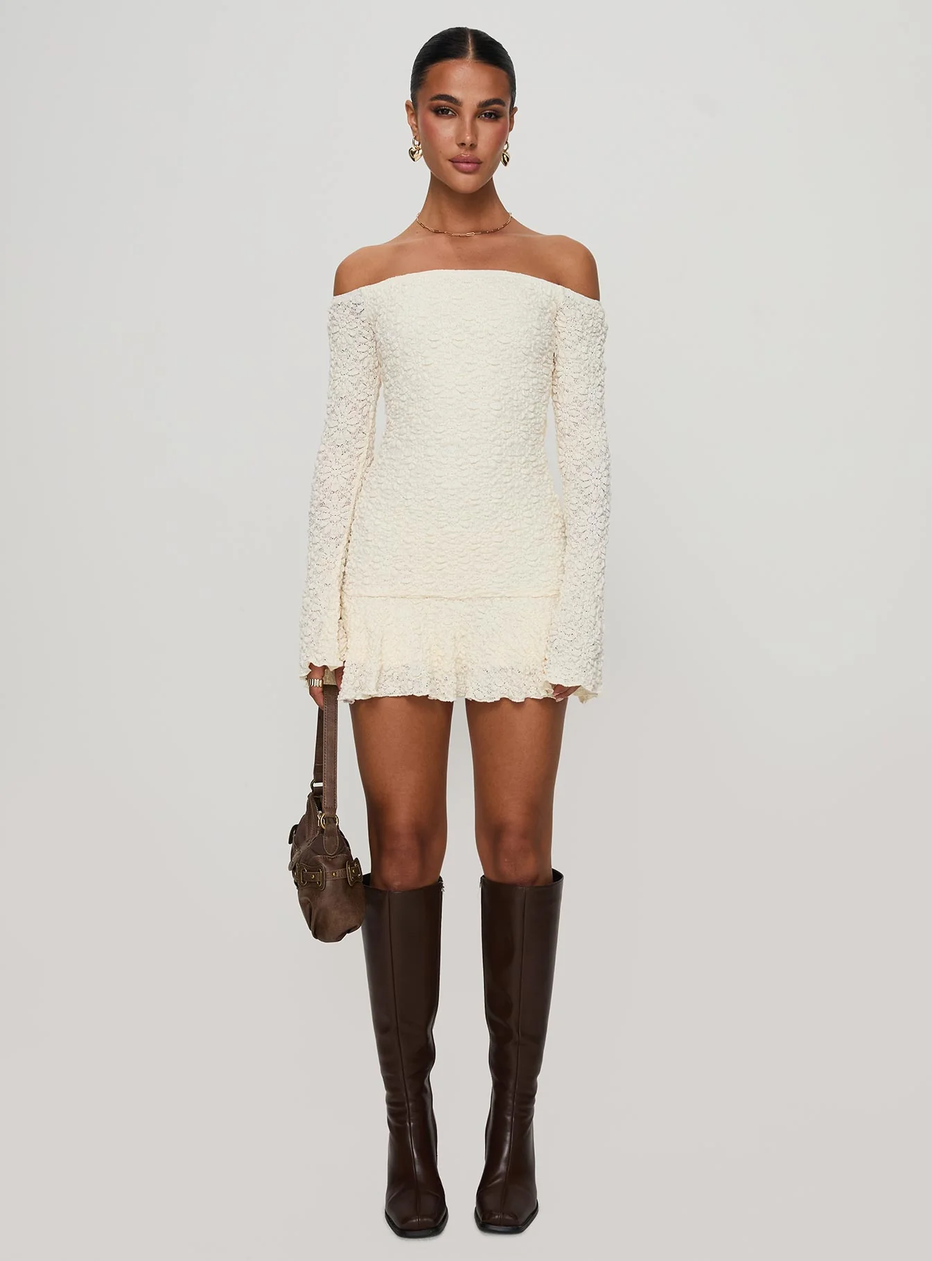 Vancesca Long Sleeve Mini Dress Cream - TREBLEV