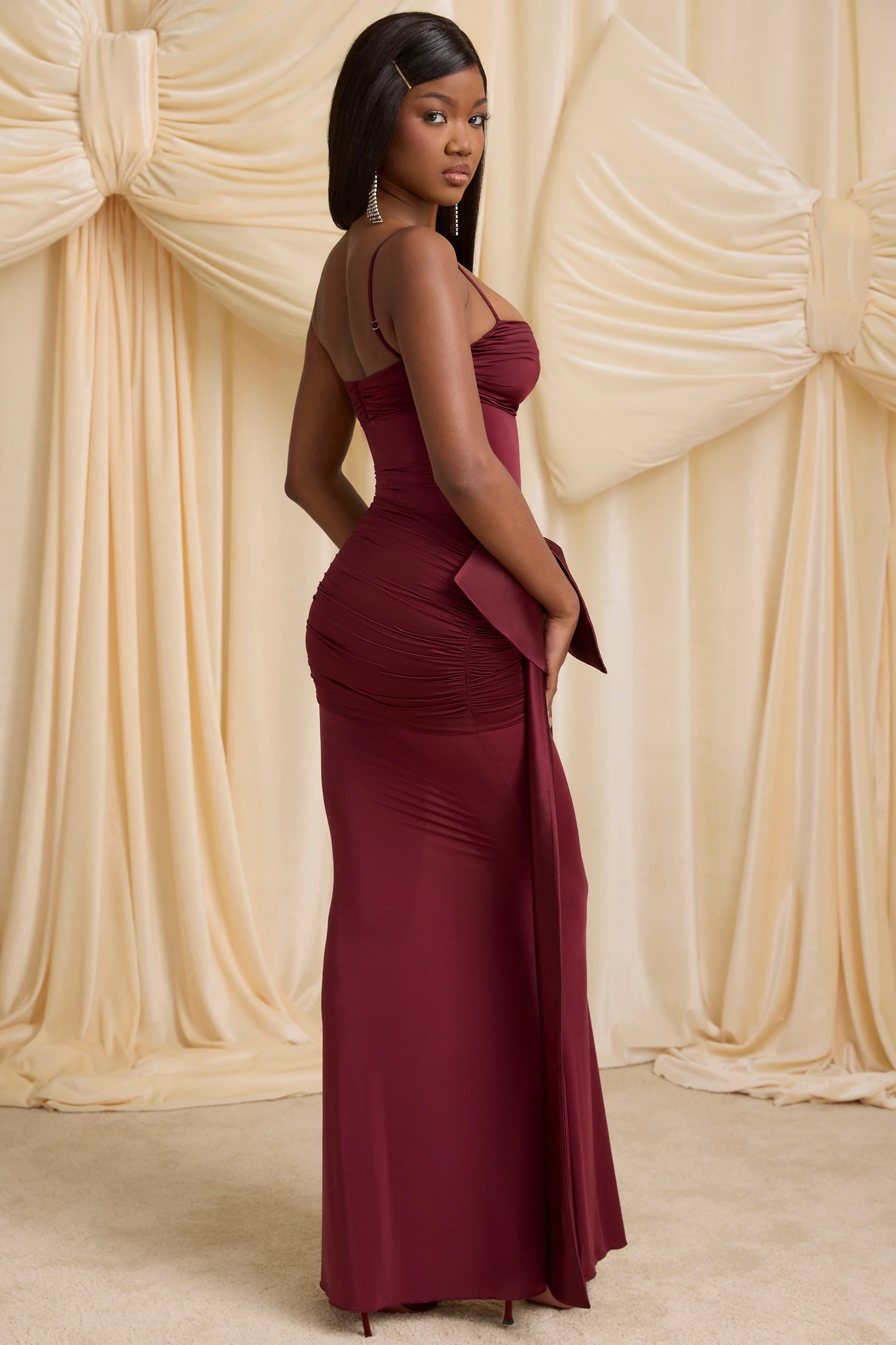 Bow-Detail Ruched Maxi Dress in Wine Red - TREBLEV