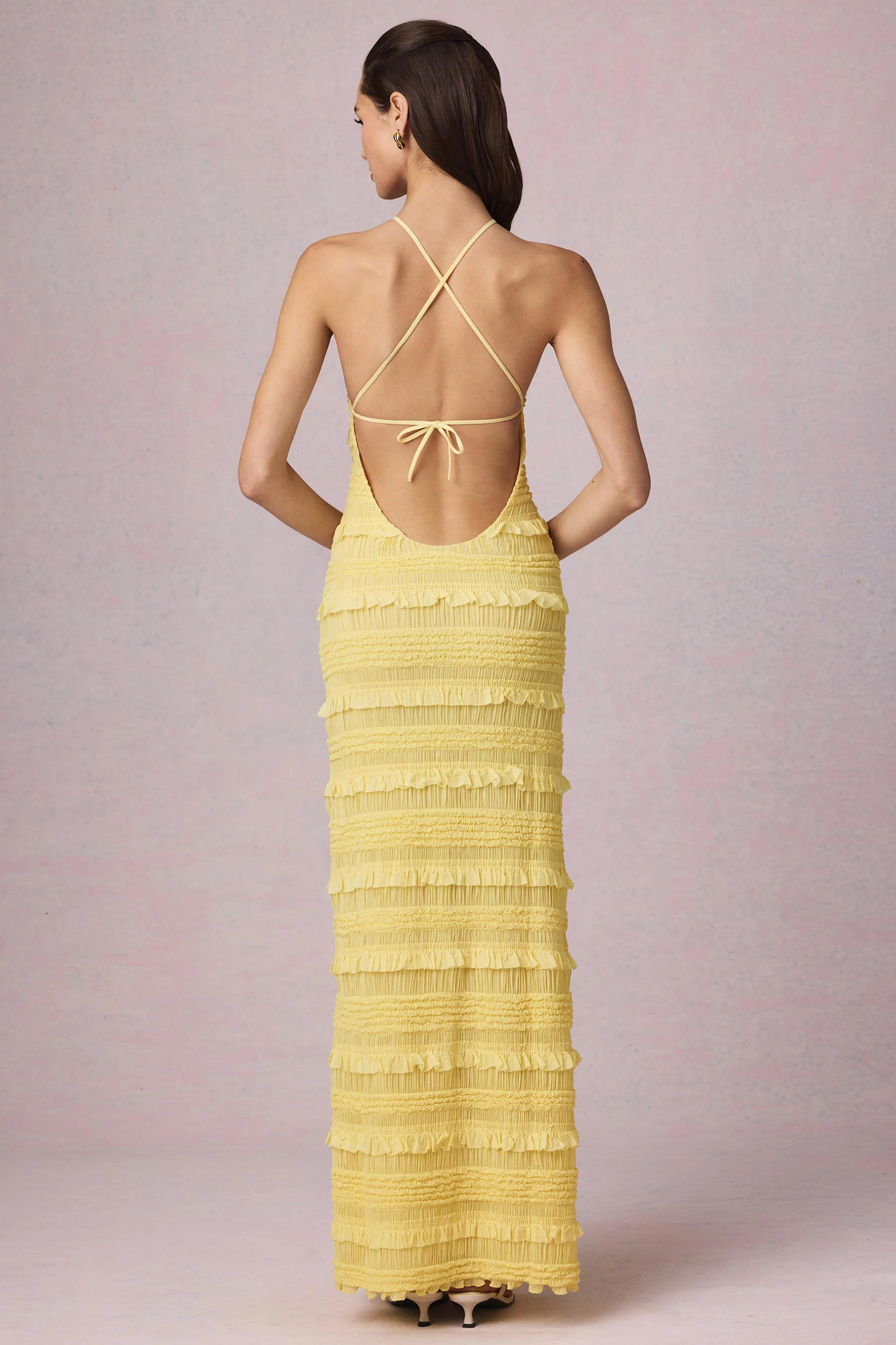 Ruffled Backless Halterneck Maxi Dress in Lemon Yellow - TREBLEV