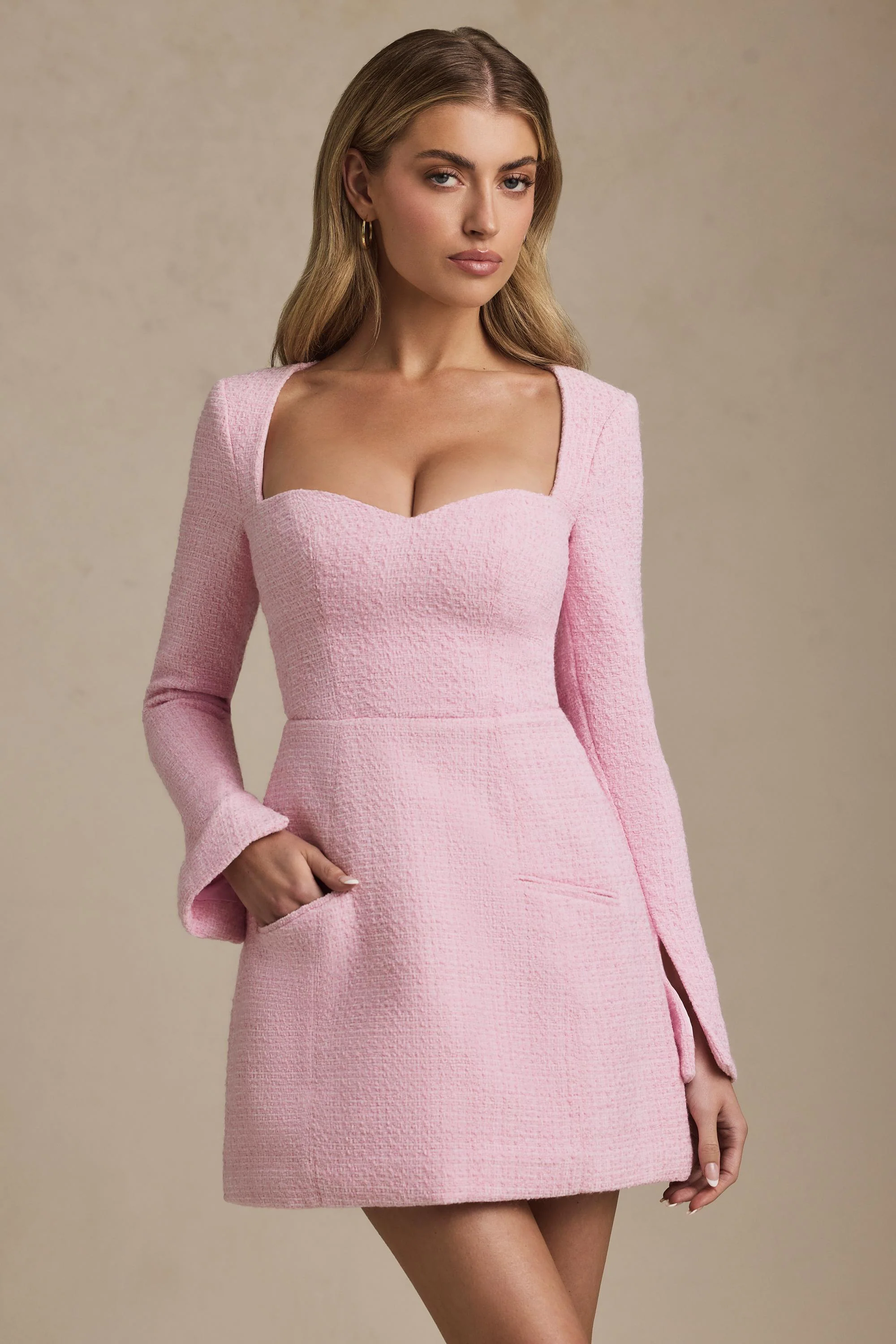 Sweetheart-Neck Structured Mini Dress in Soft Pink - TREBLEV