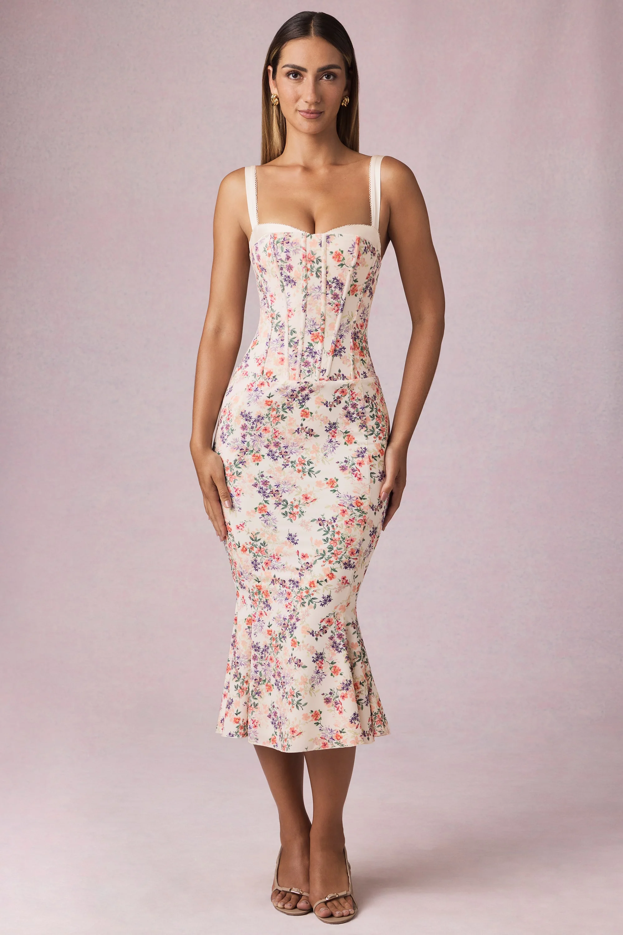 Layered Bra-Detail Fishtail Midaxi Dress in Primrose Floral Print - TREBLEV