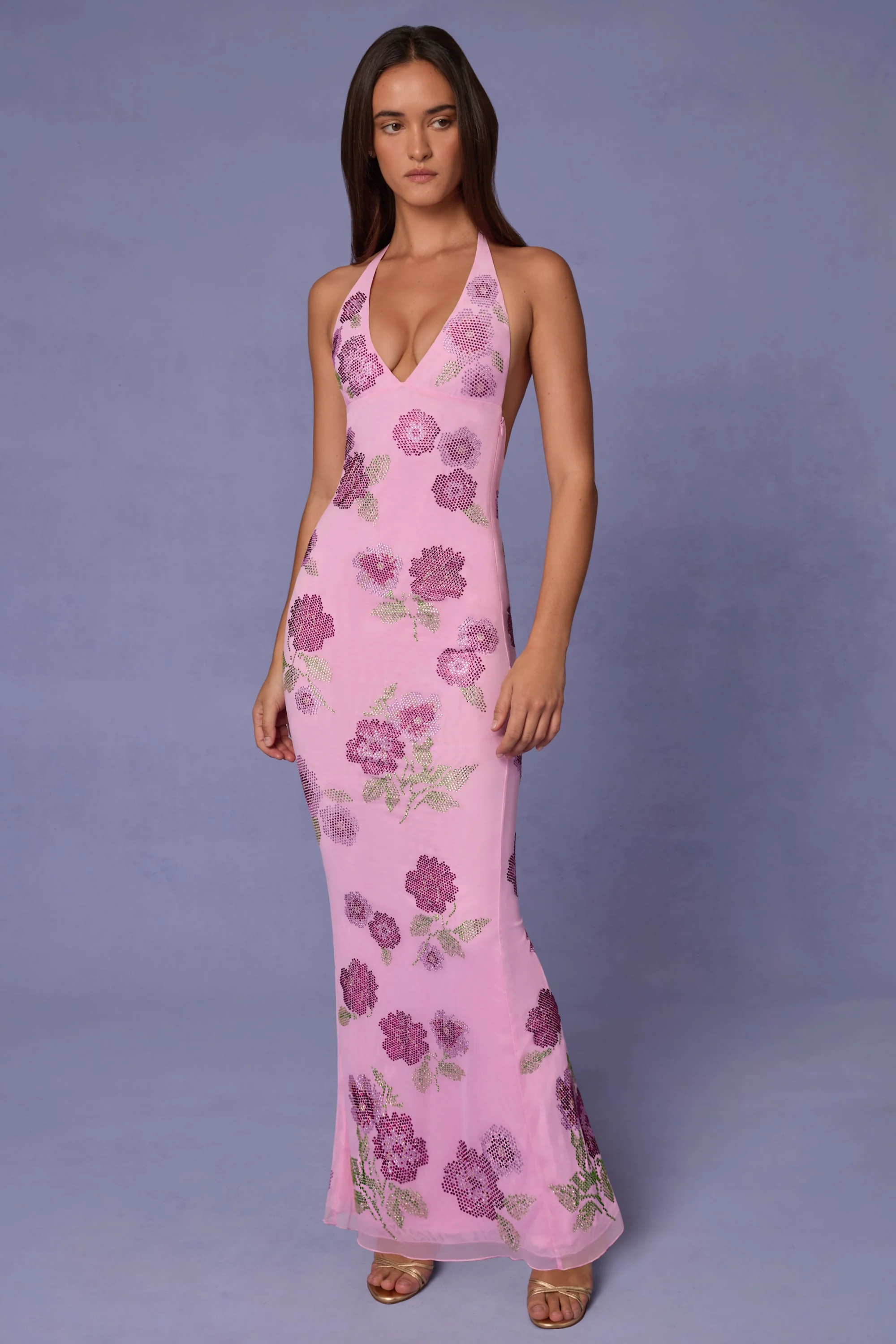 Embellished Halterneck Maxi Dress in Soft Pink - TREBLEV