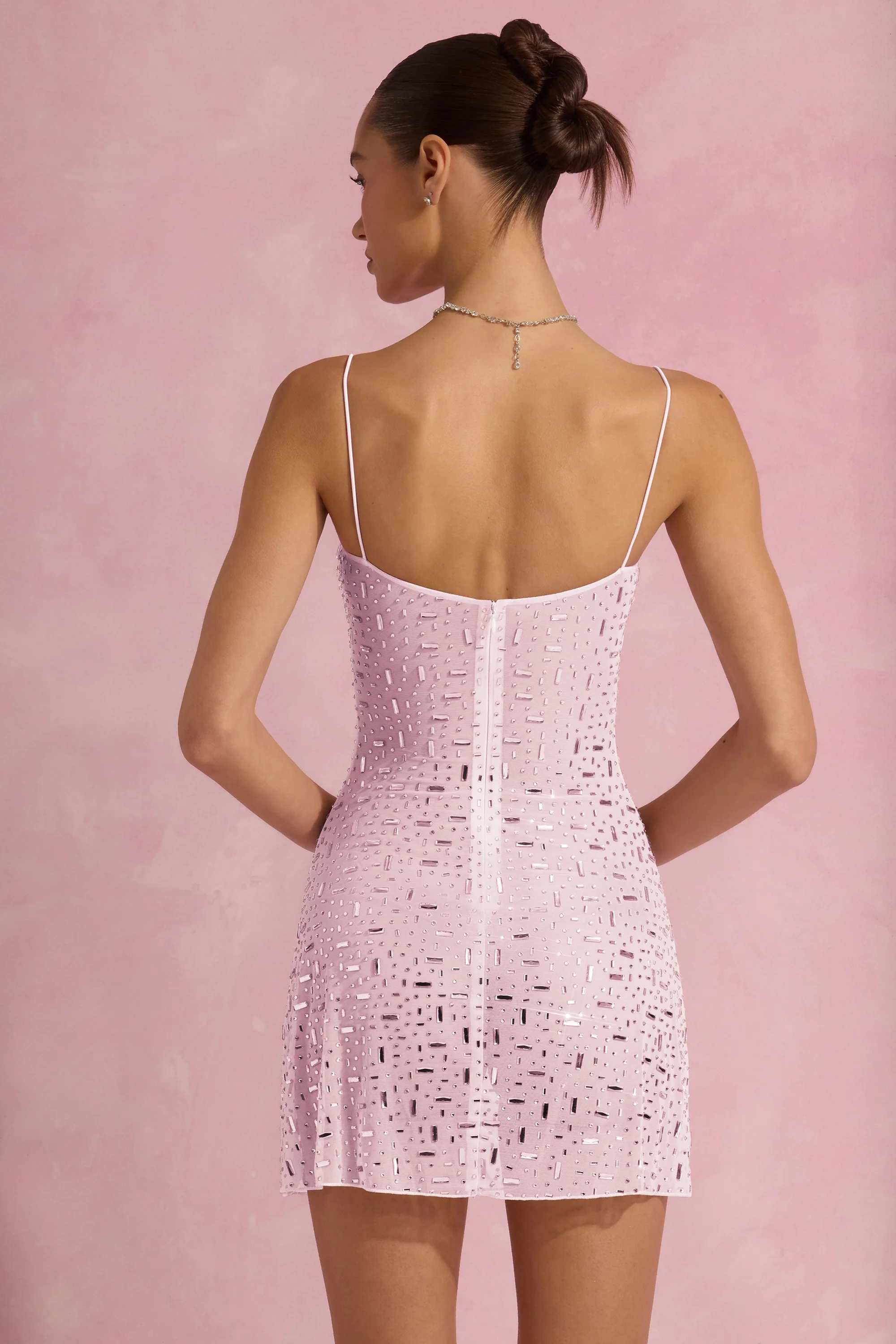 Sheer Embellished Square-Neck Mini Dress in Pink - TREBLEV