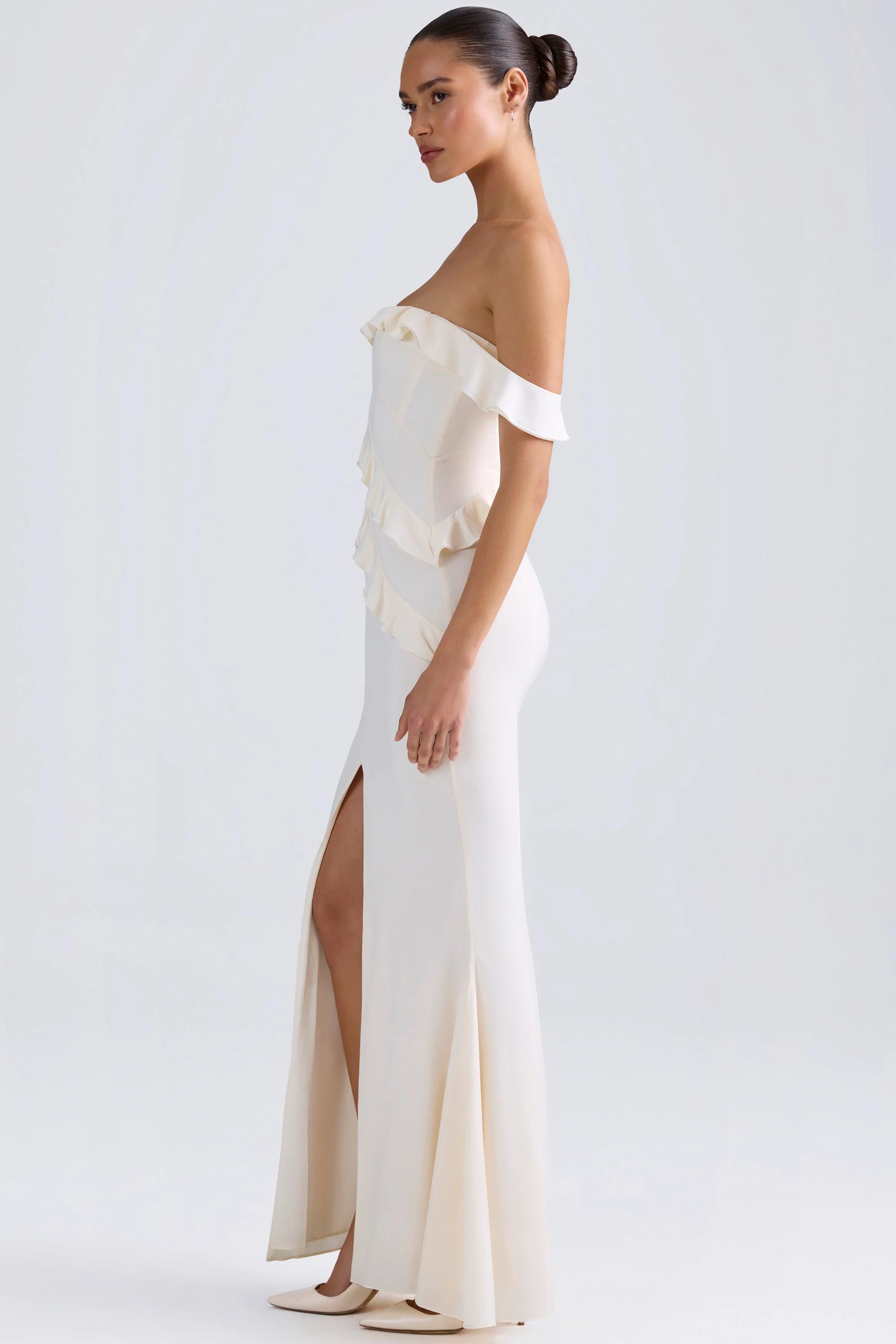 Off-Shoulder Ruffle-Trim Gown in Ivory - TREBLEV