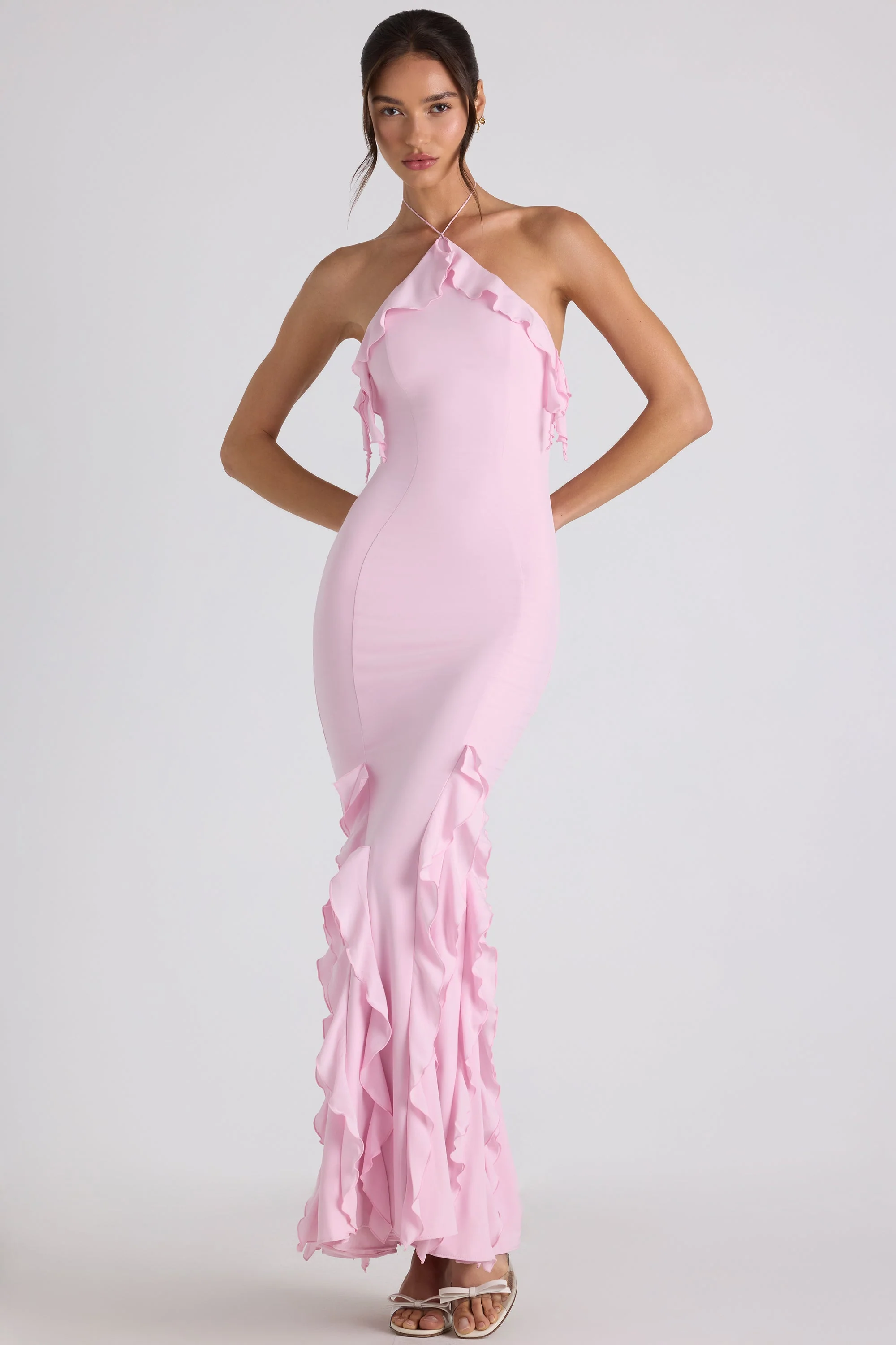 Ruffle-Trim Halterneck Gown in Soft Pink - TREBLEV
