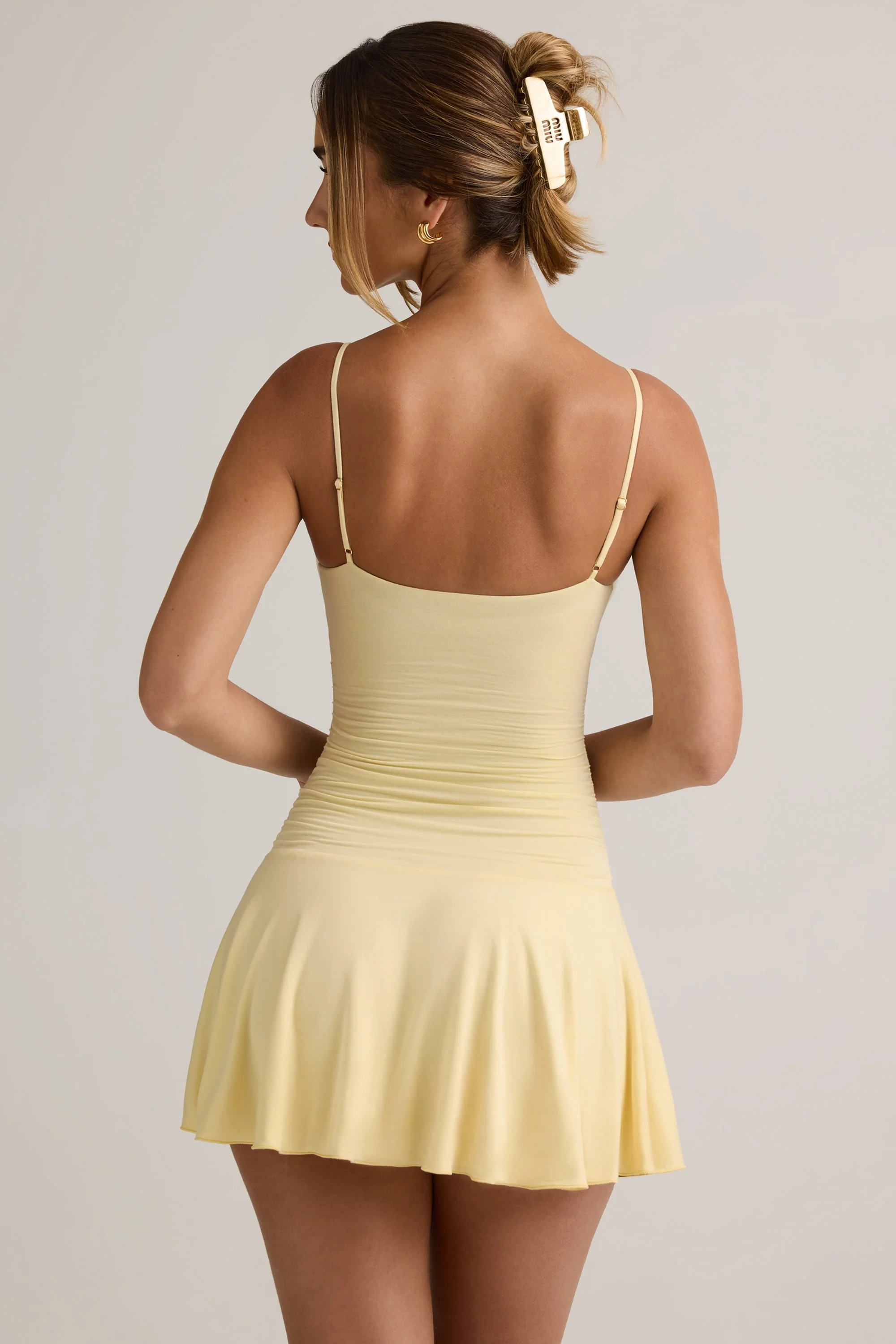 Modal Ruched A-Line Mini Dress in ButterCream Yellow - TREBLEV