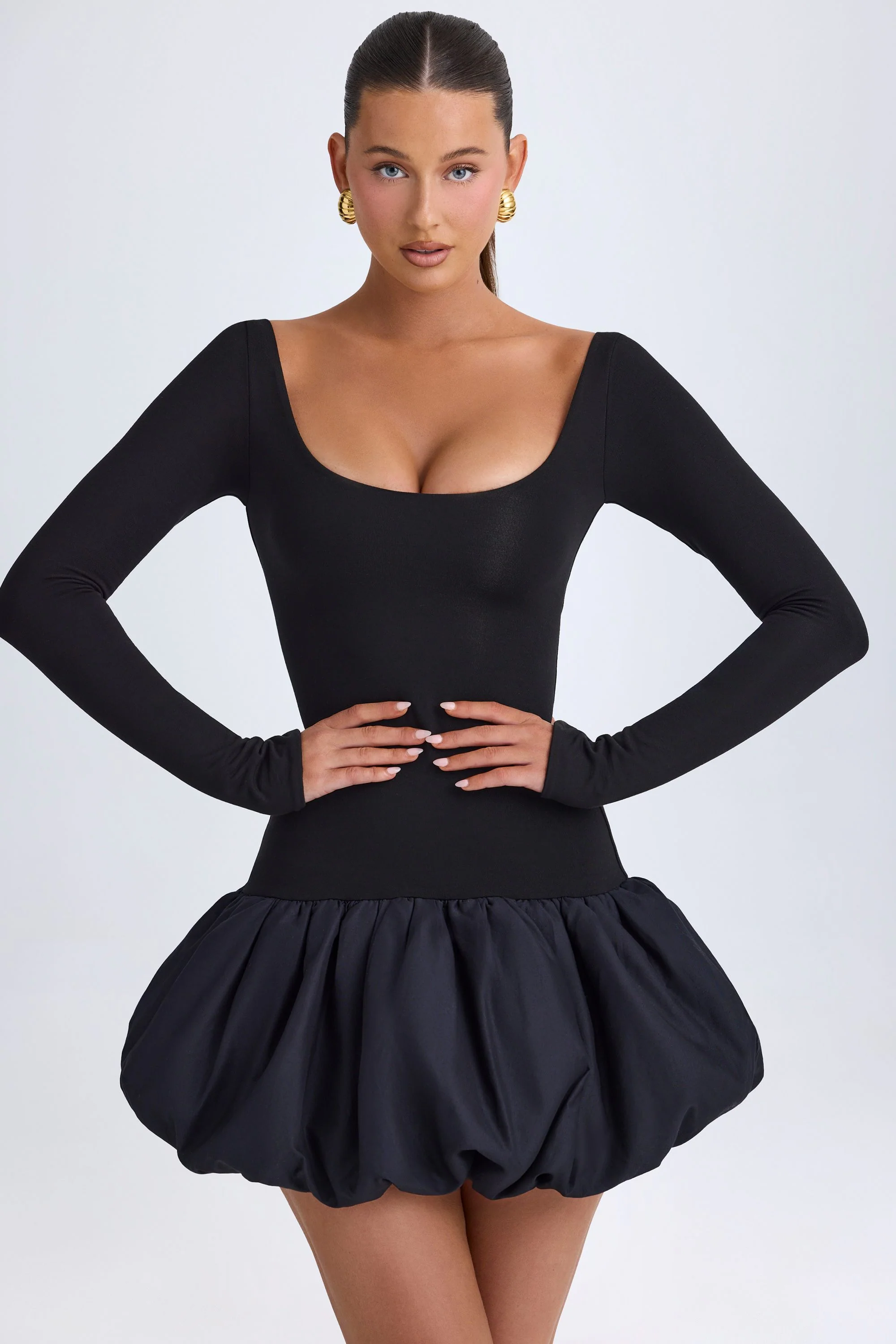 Scoop-Neck Drop-Waist Bubble Hem Mini Dress in Black - TREBLEV