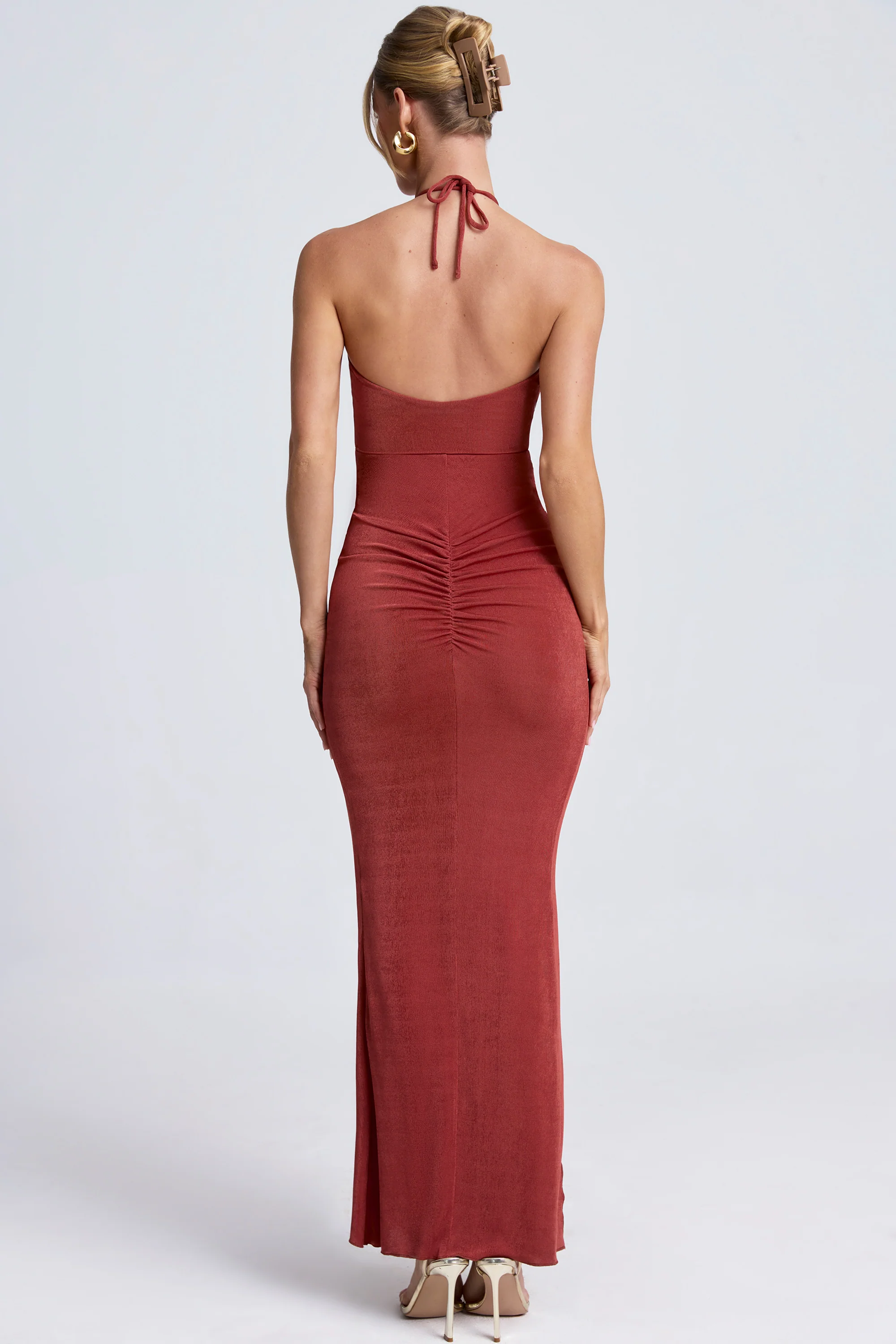 Hardware Detail Cut-Out Halterneck Maxi Dress in Auburn Brown - TREBLEV