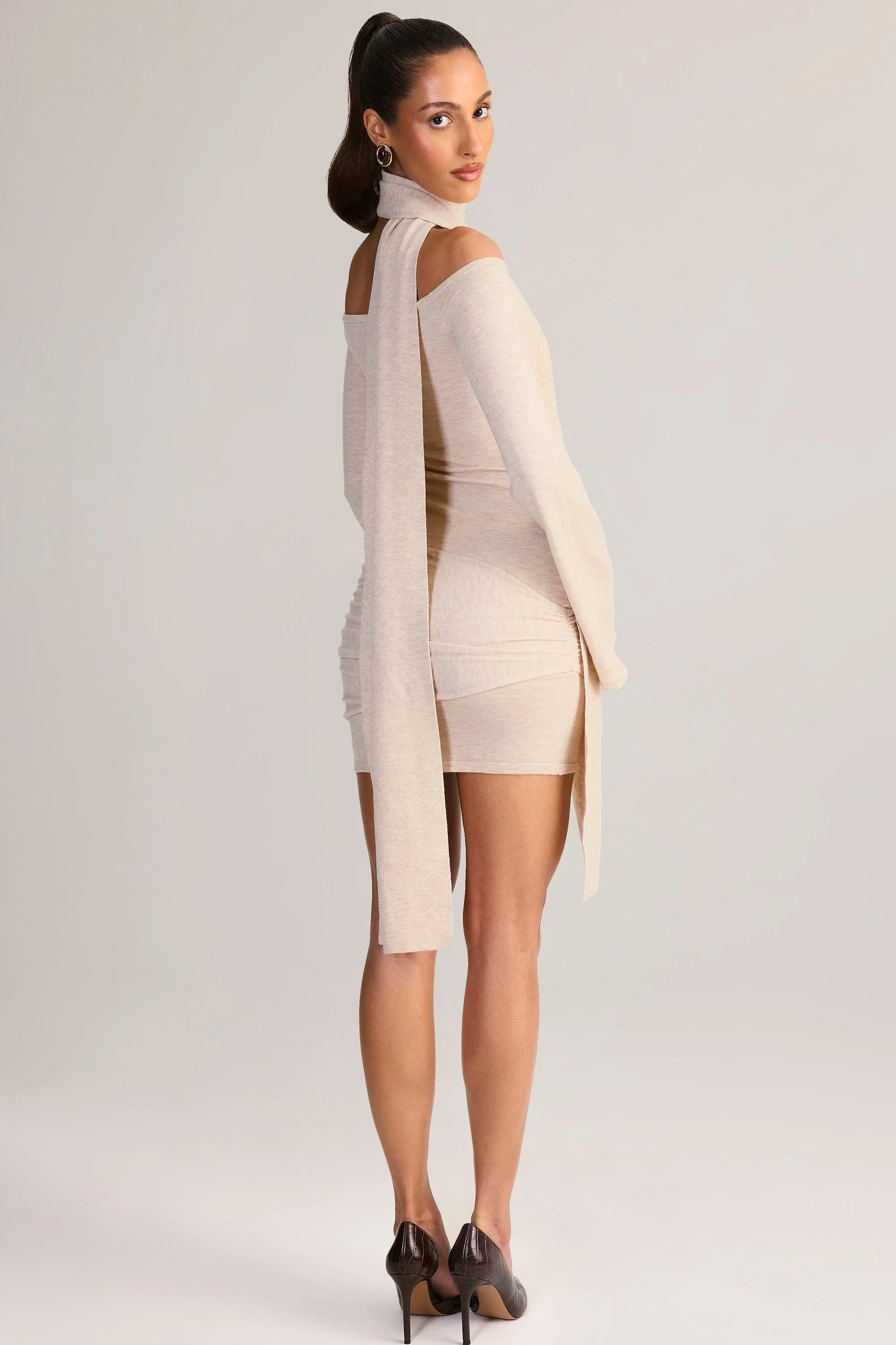 Knit Scarf-Detail Off-Shoulder Mini Dress in Cream - TREBLEV