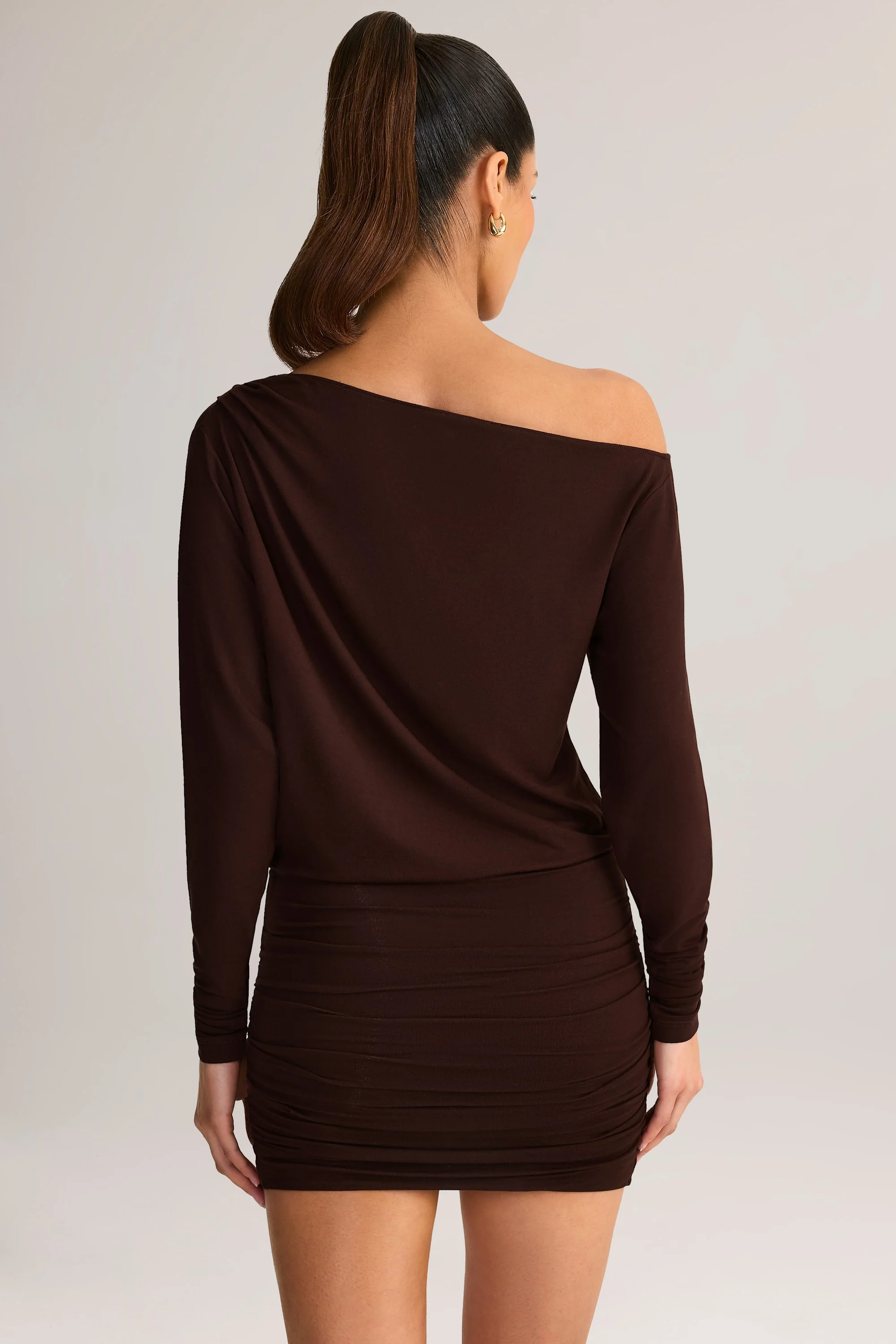 Modal Off-Shoulder Mini Dress in Chocolate Brown - TREBLEV