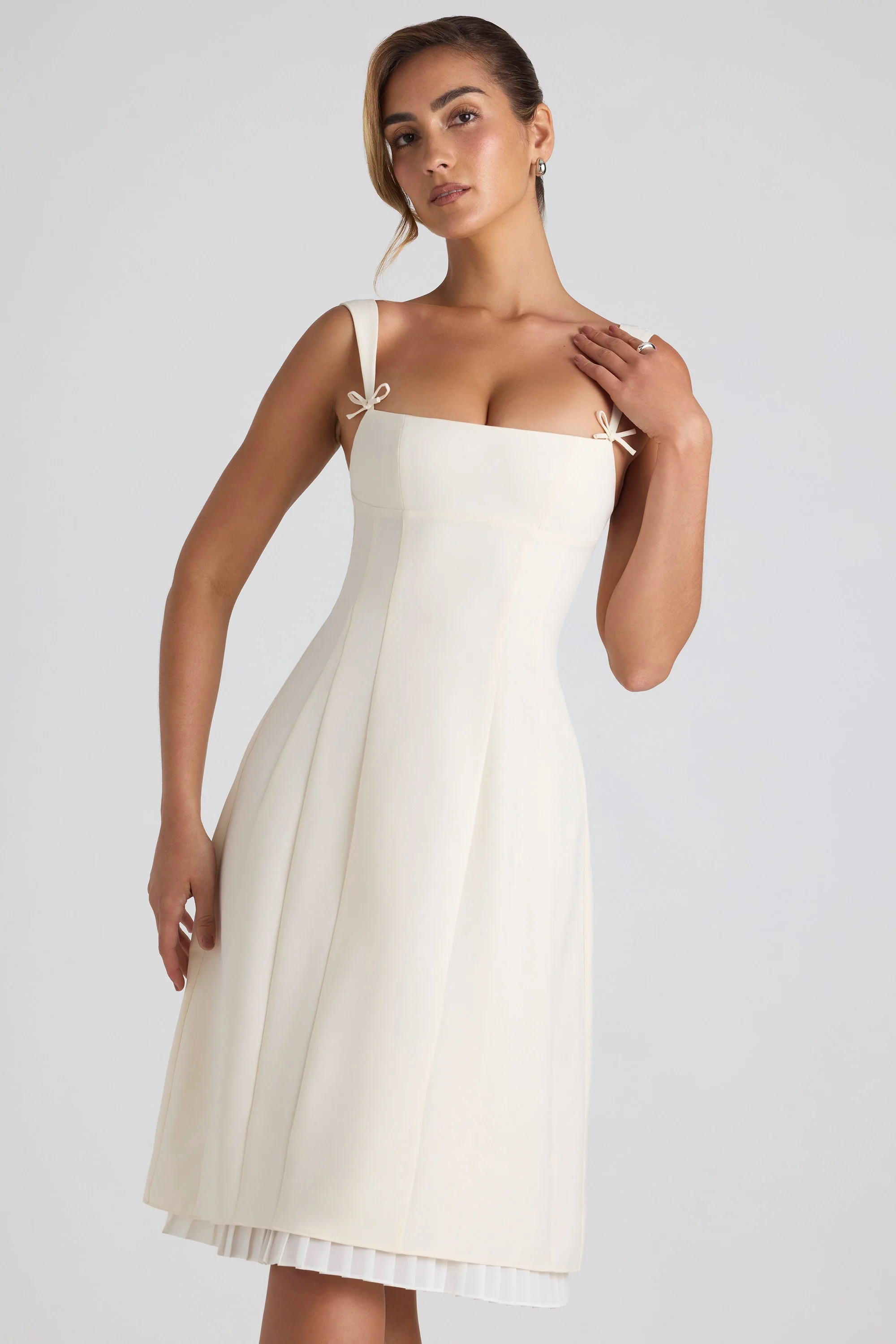 Bow-Detail Pleated A-Line Midi Dress in Ivory - TREBLEV