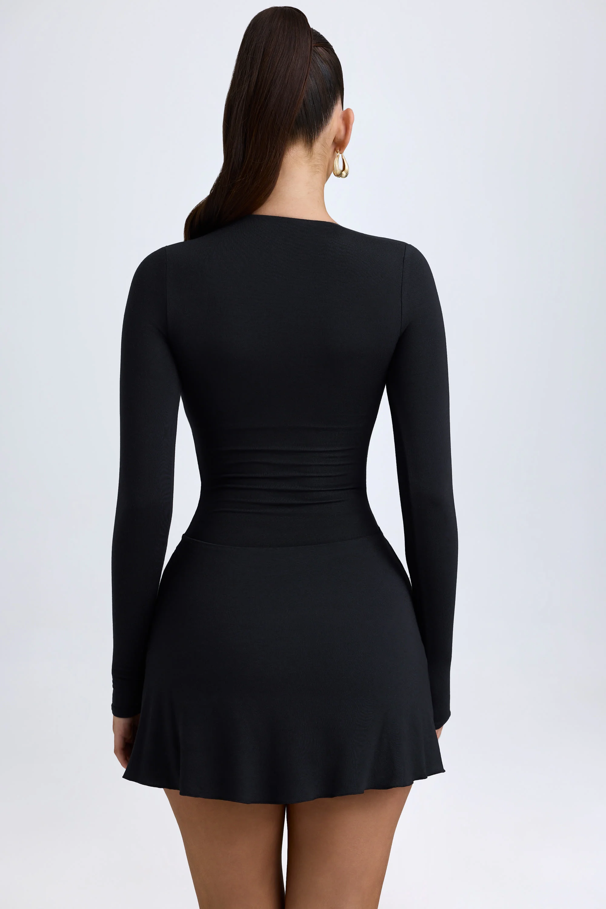 Modal Asymmetric A-Line Mini Dress in Black - TREBLEV