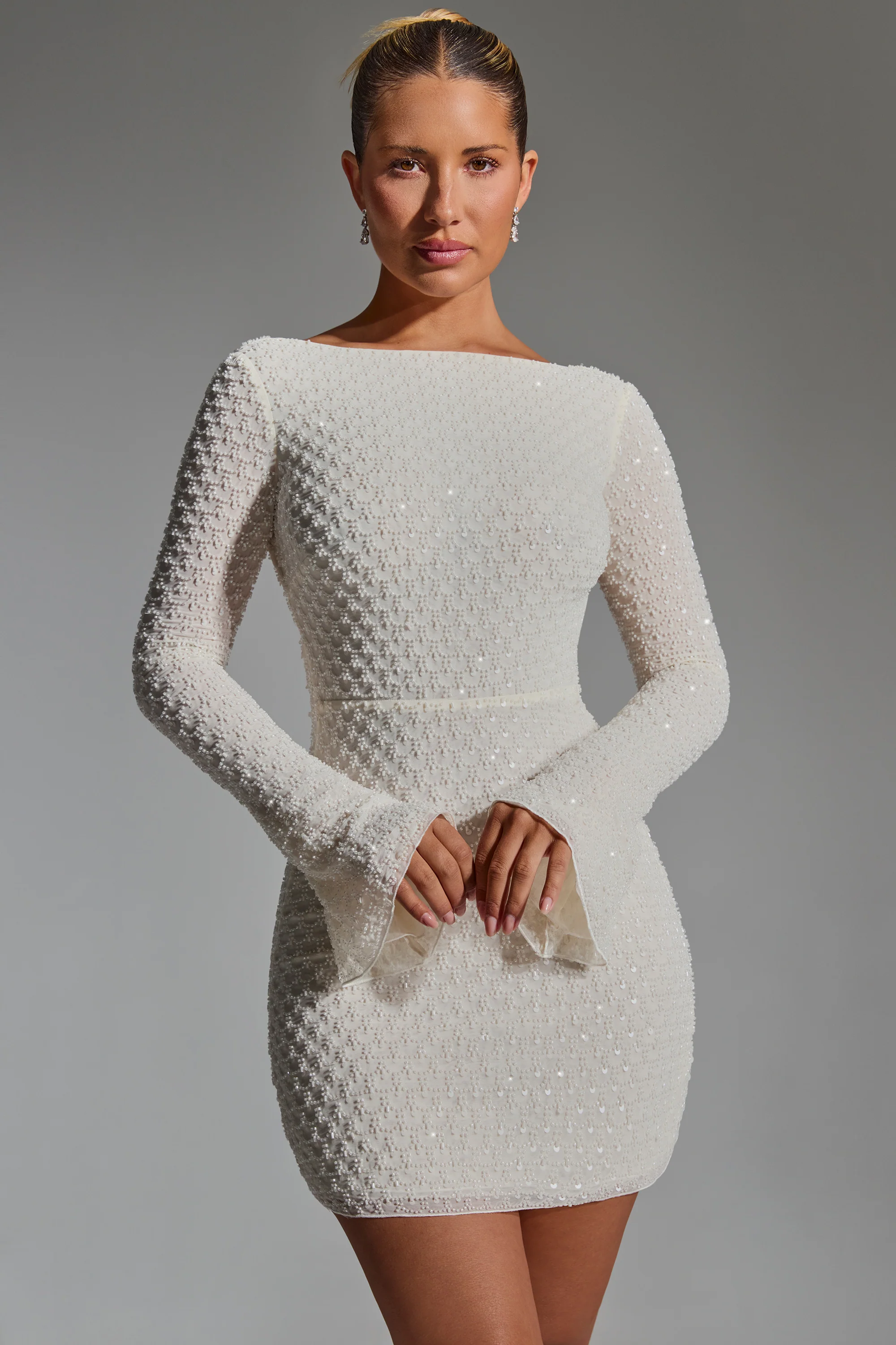 Embellished Open-Back A-Line Mini Dress in White - TREBLEV