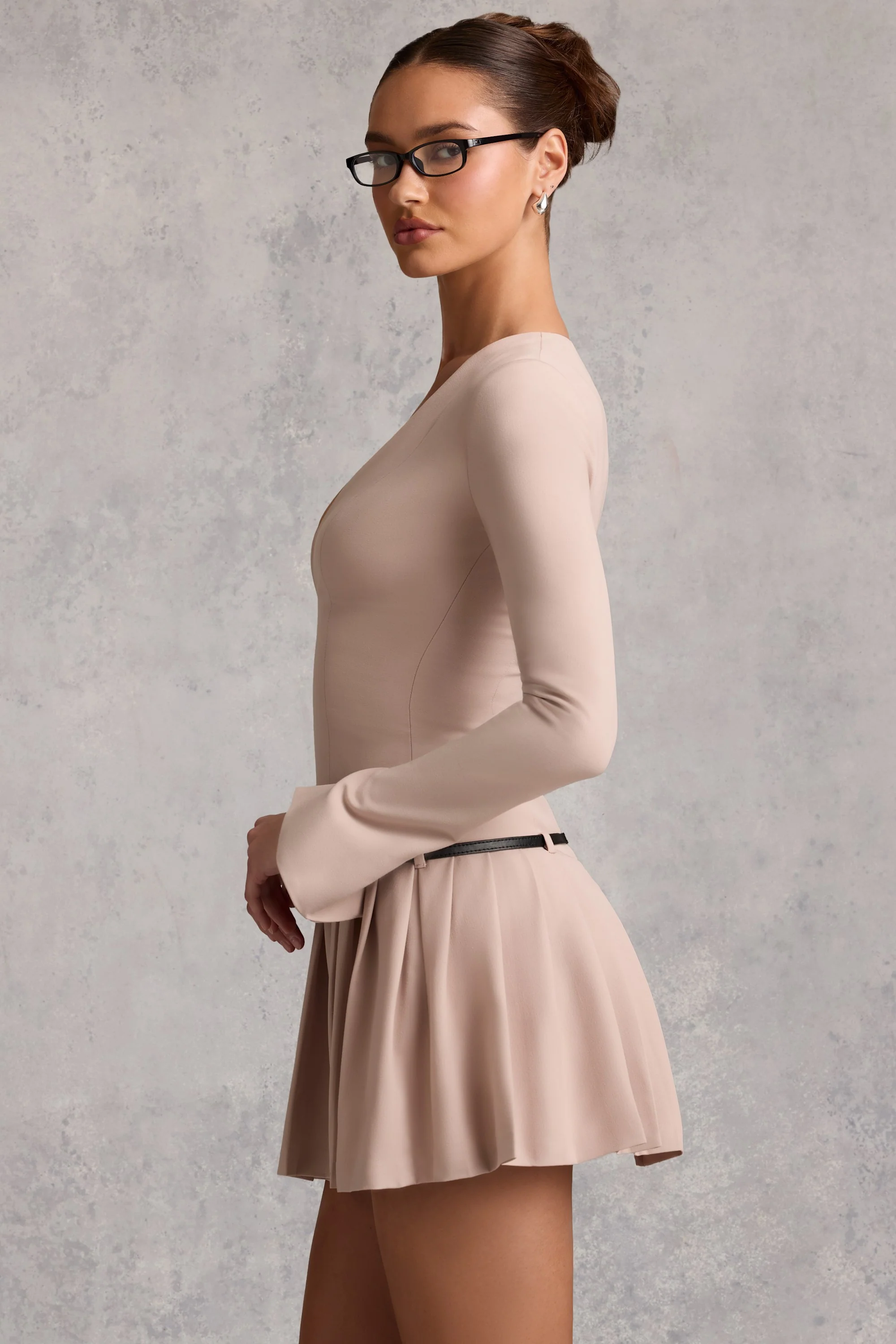 Long-Sleeve Pleated Mini Dress in Mushroom - TREBLEV