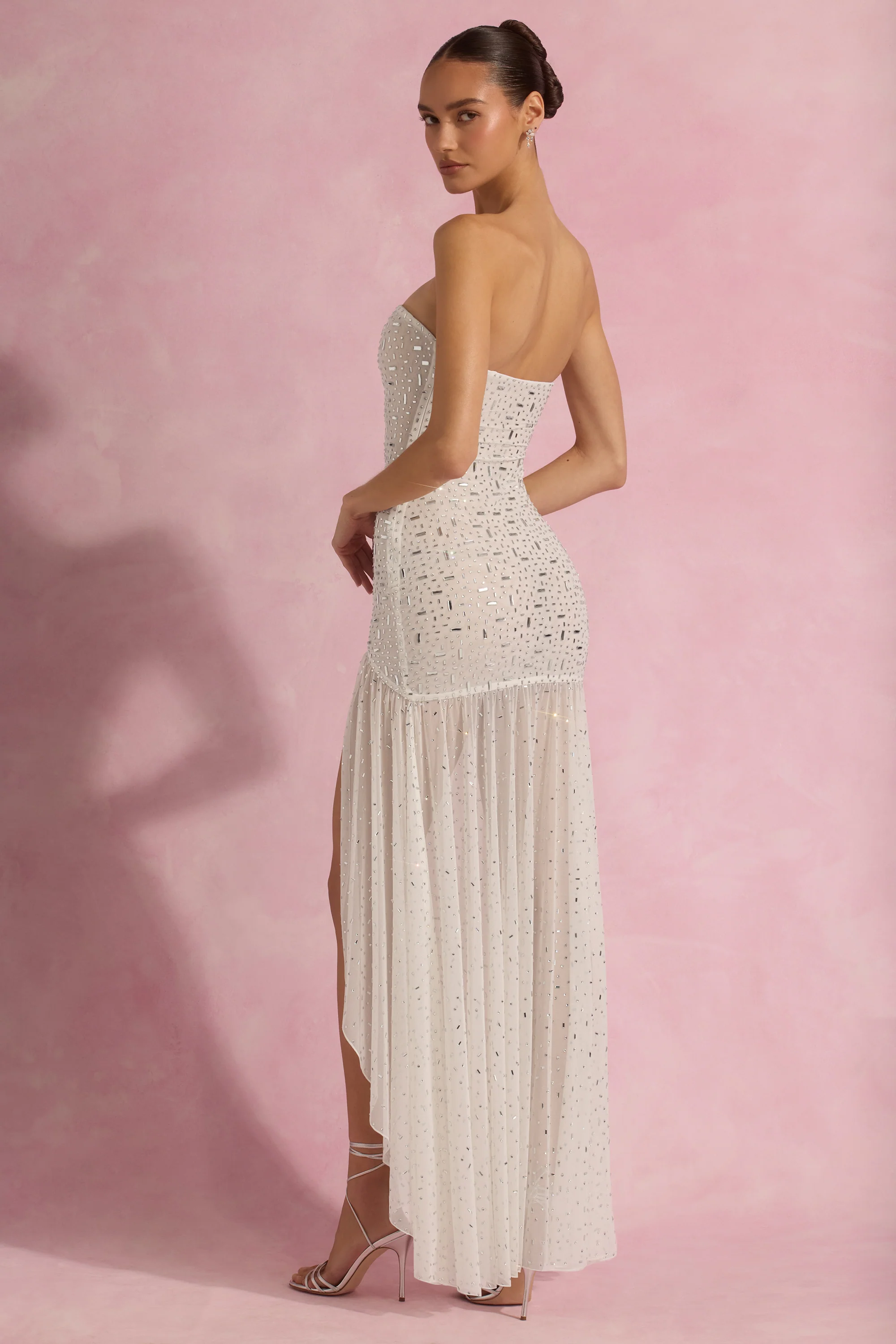 Semi-Sheer Embellished Asymmetric Maxi Dress in White - TREBLEV