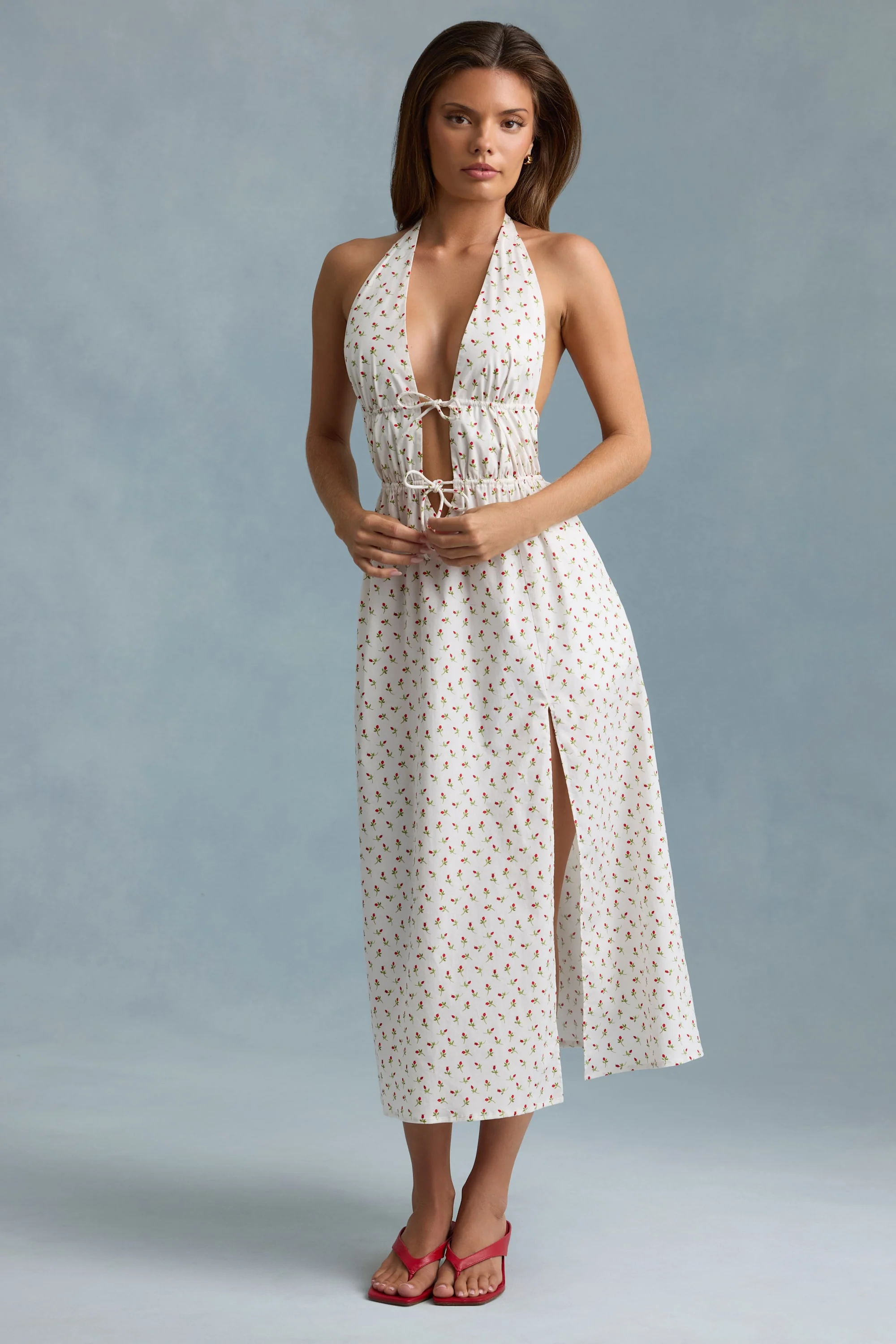 Backless Cotton-Poplin Midaxi Dress in Rose Print - TREBLEV