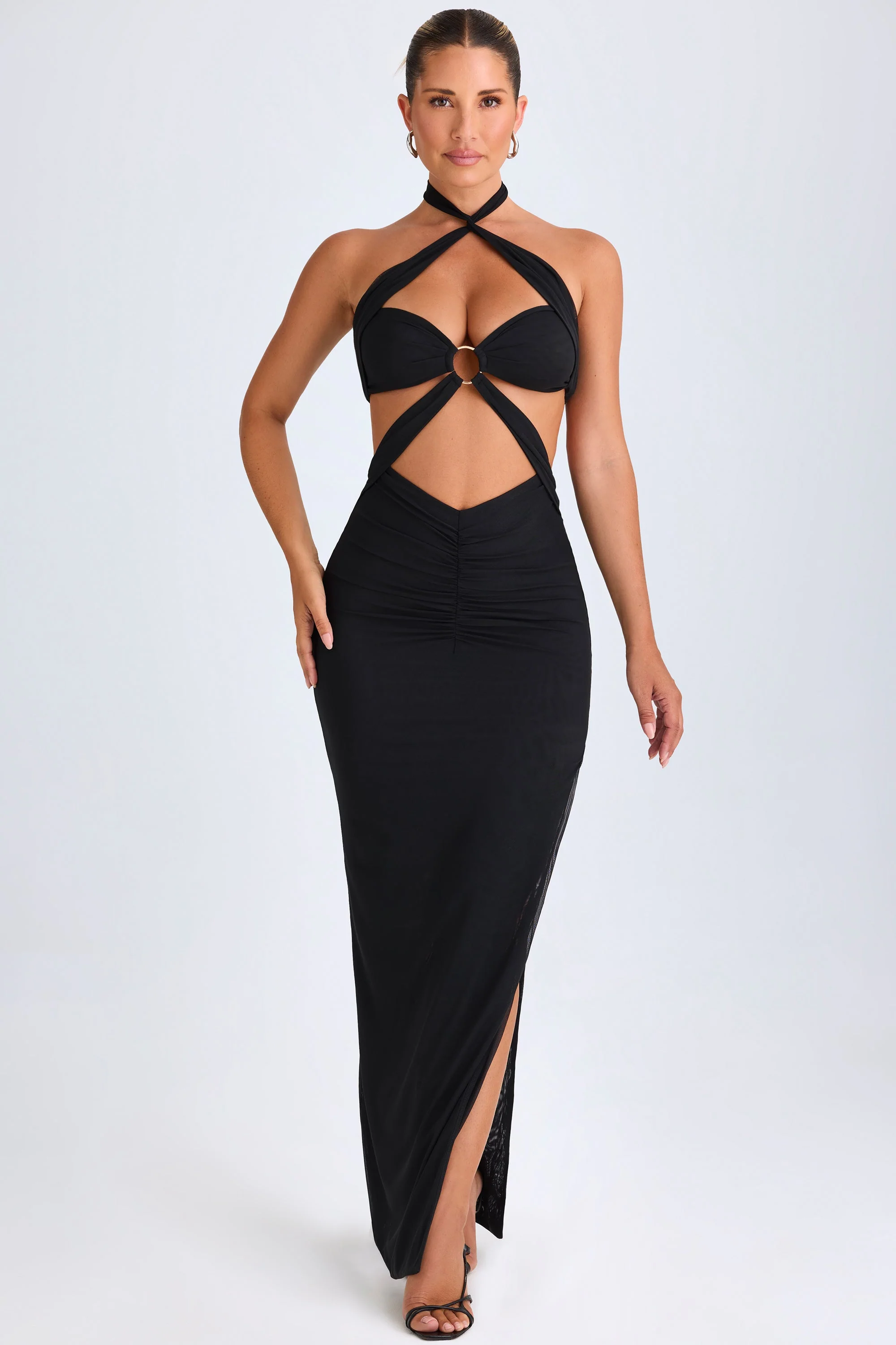 Hardware Detail Cut-Out Halterneck Maxi Dress in Black - TREBLEV